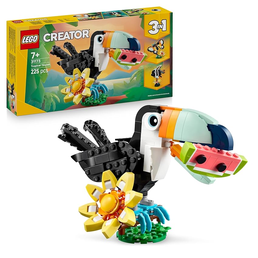 LEGO Creator 3 in 1 Animali Selvatici: Tucano Tropicale con Fiore - Animale Giocattolo Trasformabile in Farfalla o Pesce Tropicale - Regalo Creativo per Bambine e Bambini da 7 Anni in su - 31173