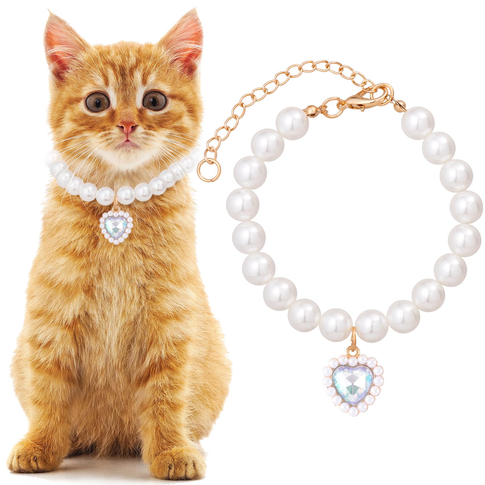 Mxxipp Cat Pearl Collar with Heart Pendant, Cute Pearl Pet Necklace in Medium, Adjustable Wedding Party Small Dog Jewelry Accessories for Puppy Kitten