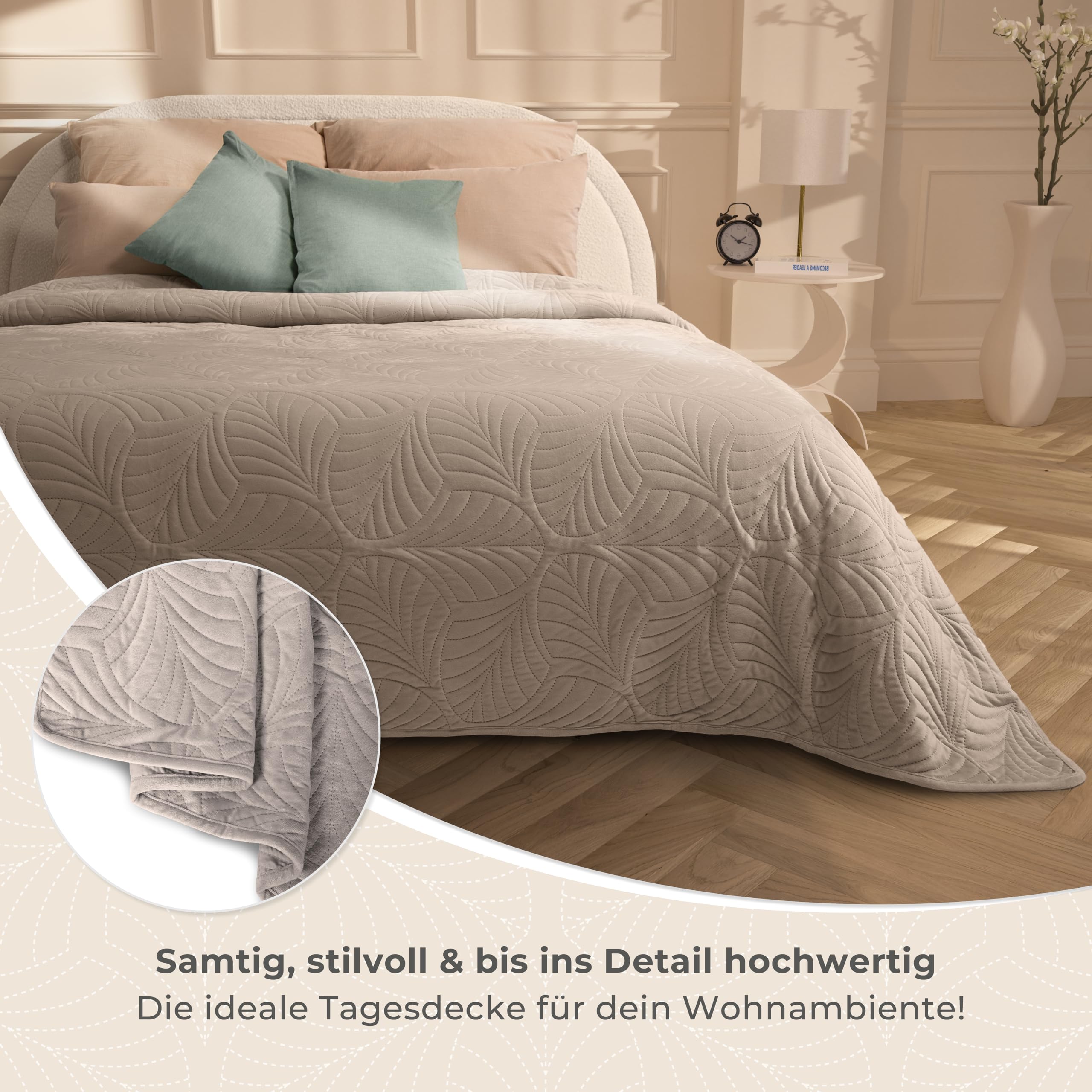 Gräfenstayn Premium Tagesdecke 220x240 cm – Bettüberwurf mit Nahtloser Steppung & Blatt-Design – Samt-Decke weich knitterfrei pflegeleicht (Taupe)