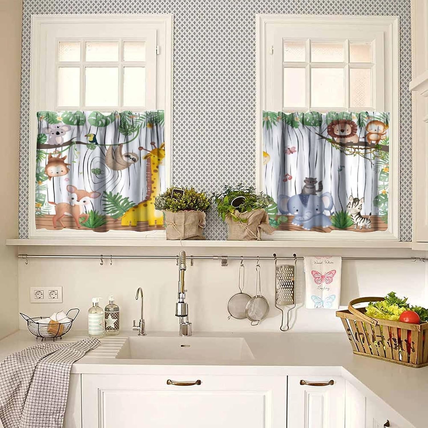 Kids Forest Animal Valance Curtains Cartoon Tree Bird Elephant Giraffe Lion Deer Monkey Sun Zoo Window Treatments for Boys Girls Living Room Home Bedroom Drapes, 54x24 Inch