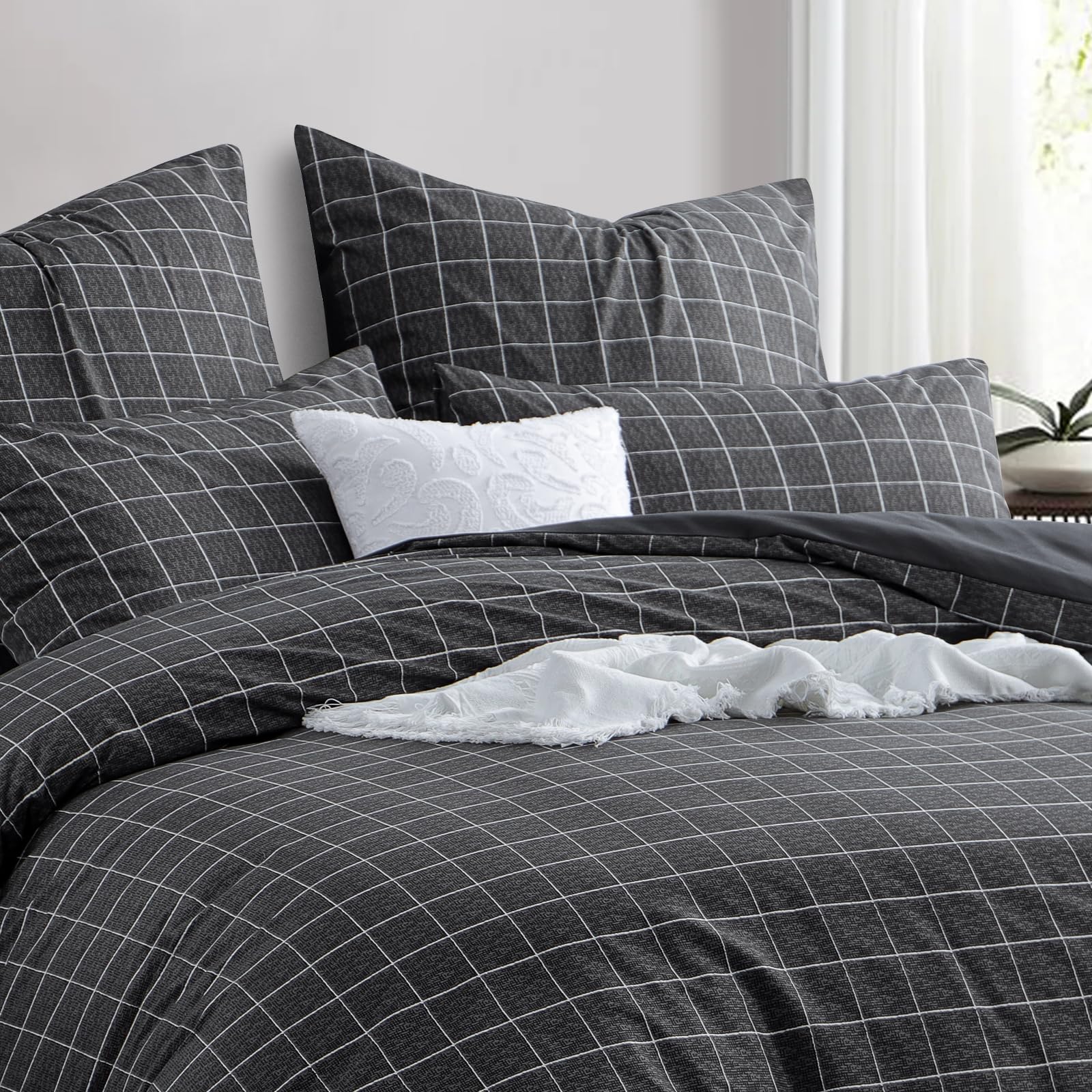 RUIKASI Komplet pościeli 200x200 3-częściowy Antracyt - poszwa na kołdrę 200 x 200 z wzorem kratki, komplet pościeli 200x200cm z mikrofibry z zamkiem błyskawicznym, miękki i nie wymaga prasowania