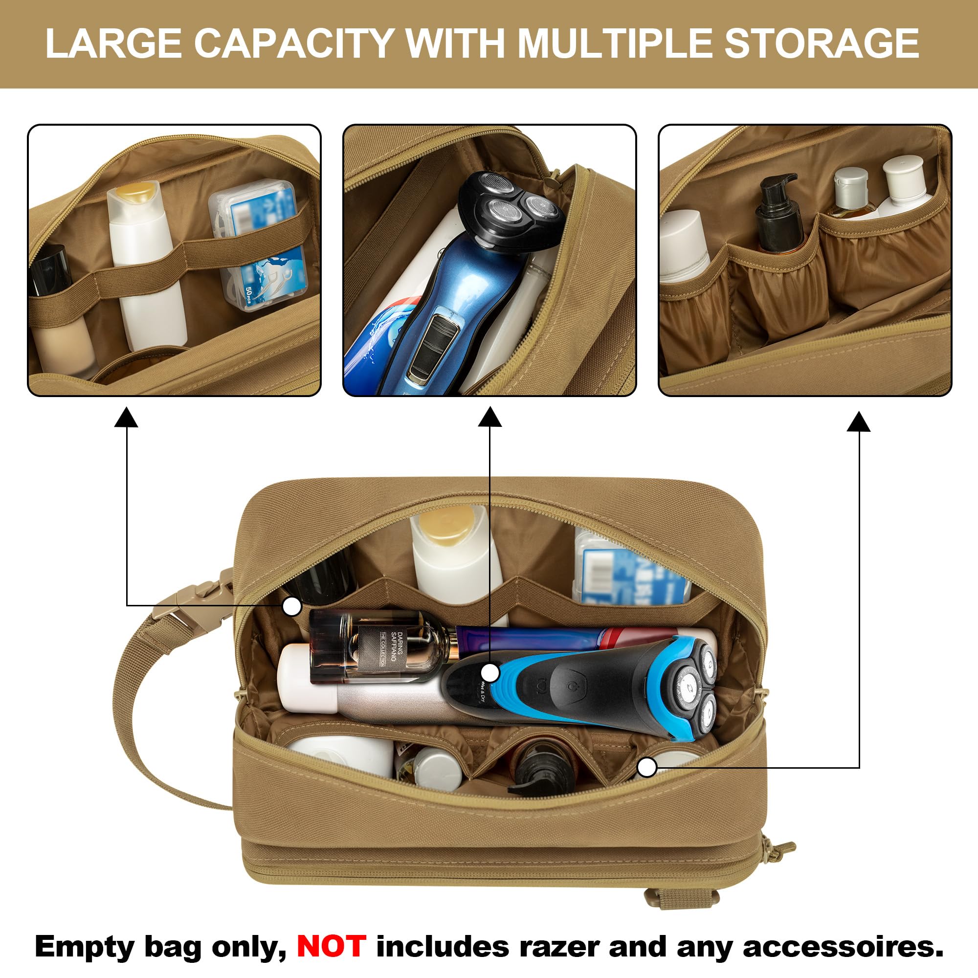 Borsa tattica da viaggio da uomo, kit Dopp per rasatura, organizer per articoli da toeletta, doccia e accessori per la cura della toelettatura (solo borsa vuota, design brevettato), Cachi