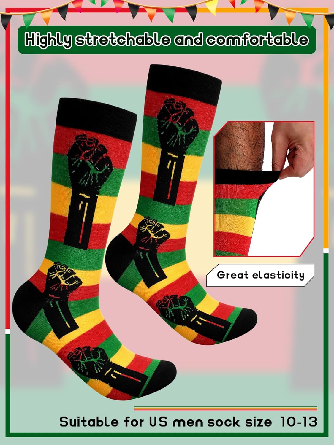 4 Pairs Black History Month Socks for Men African Flag Funny Crew Socks Black History Gifts for African Men - Image 2