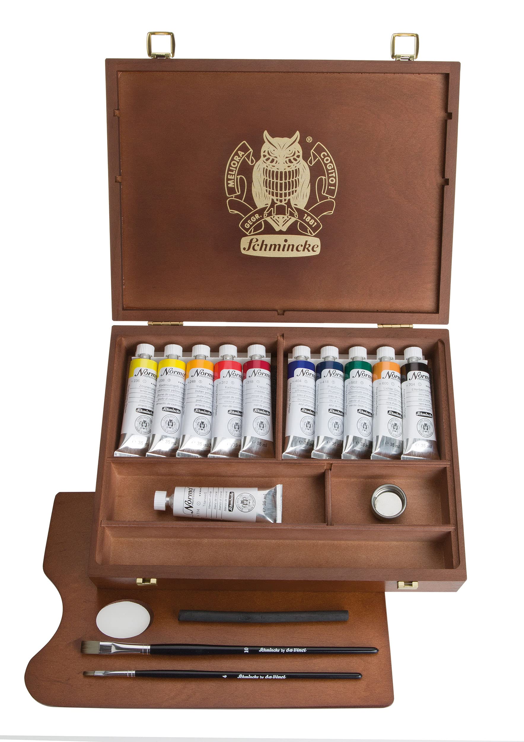 Schmincke - Norma® Colori sopraffini ad Olio Premium Scatola di Legno, Set Pittura ad Olio 11 x 35 ml, 71 310 097, Accessori: spatola, carboncino, 2 pennelli Davinci.
