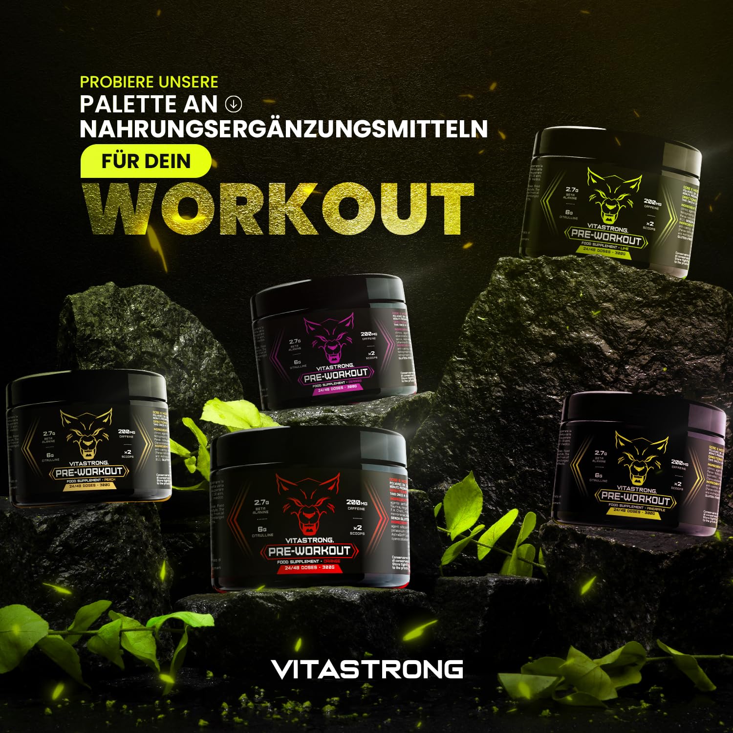 Pre Workout Booster mit Koffein 300g, Vegan Preworkout mit Vitamin B12, Citrullin, Beta-Alanin, Koffein Pulver, Taurin Pulver, AstraGin, Vitastrong Pre Workout (24 Portionen (1er-Packung), Lime)
