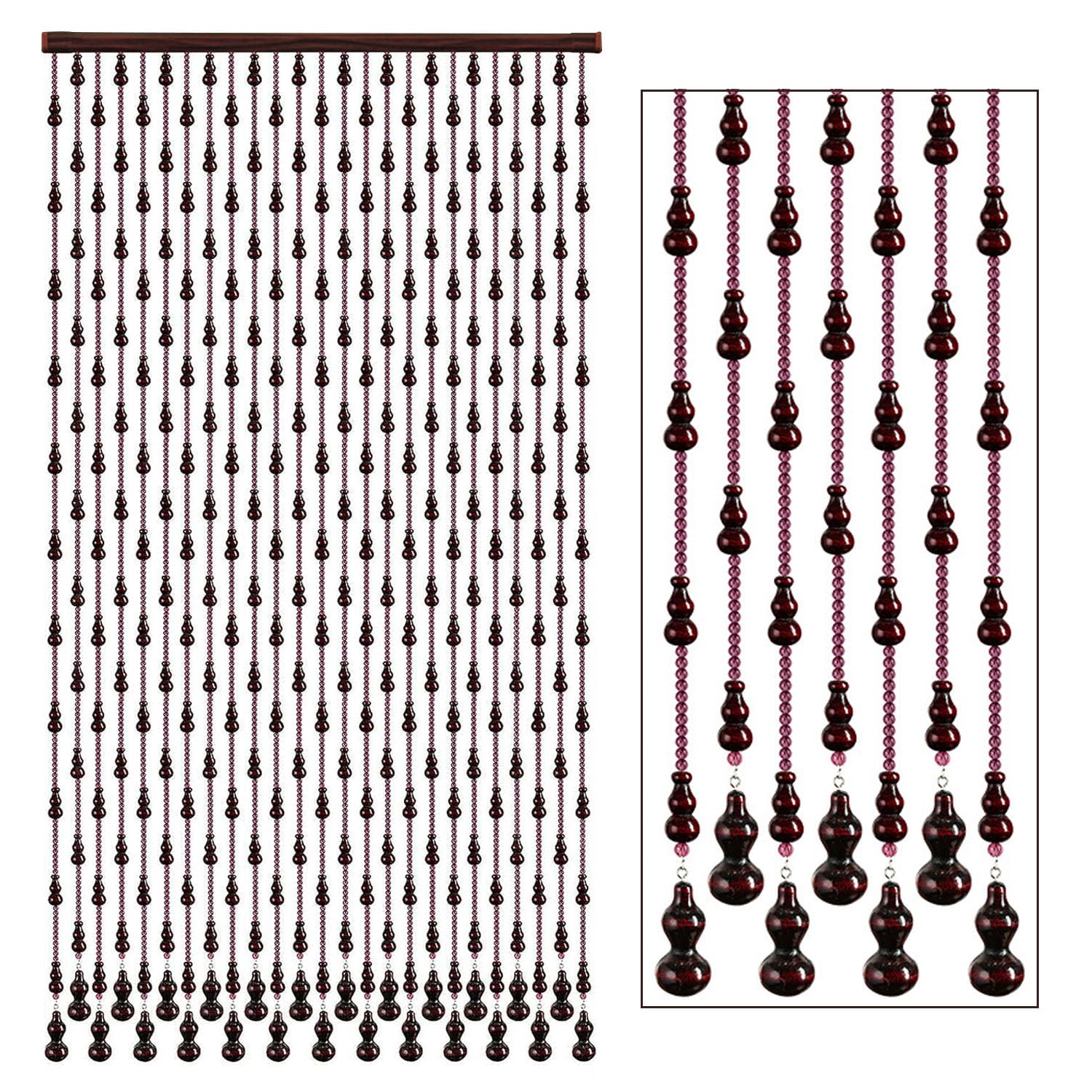 Wood Beaded Curtain for Doorway, 35.5 x 78 inches Retro Door String Curtain, Handmade Room Divider Blind, 29 Strings Home Decorative Panel for Living Room, Bedroom, Bathroom, Red Wine