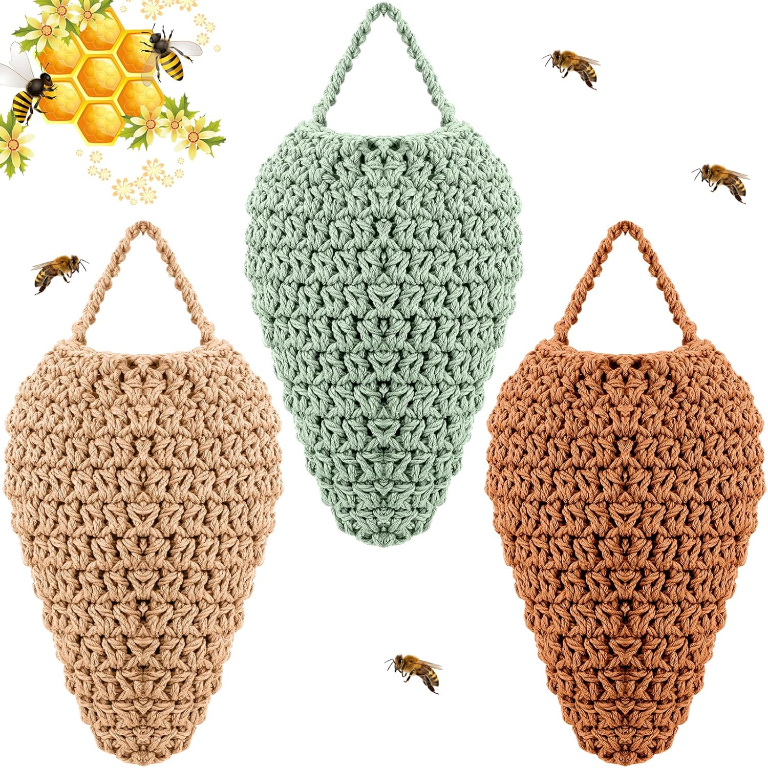 Qualirey 6 Pack Large Crochet Wasp Nest Decoys Hanging Fake Wasp Nest Deterrent Outdoor Crochet Decoys for Patio Garden Yard Eaves Uses, 12.6" x 7.9"