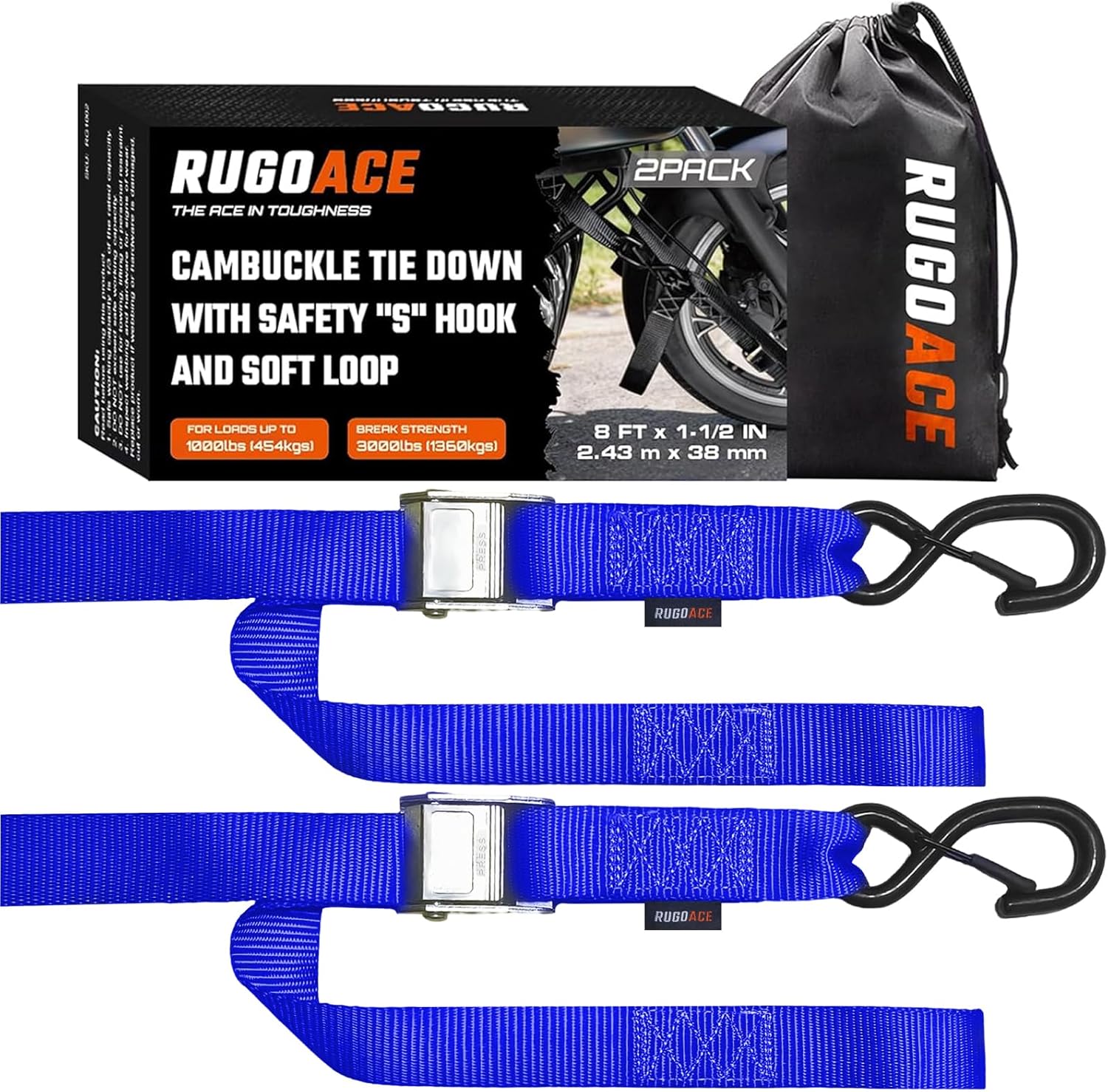 2PK 1.5" x 8FT Motorcycle Tie Down Straps, 3,000lb Break Strength, Heavy Duty Cambuckle, Safety S-Hooks & Soft Loops for Dirt Bike, ATV, UTV, Boat, and Kayak, Durable and Easy to Use, Blue