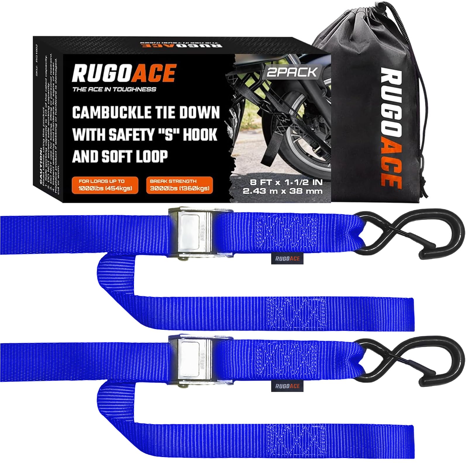 View 1 of ***STOCK PHOTO FOR REFERENCE ONLY***Cam Buckle Tie Down Straps 1.5 in x 8 ft 3000 lbs Limit 2Pk, Blue RUGOACE