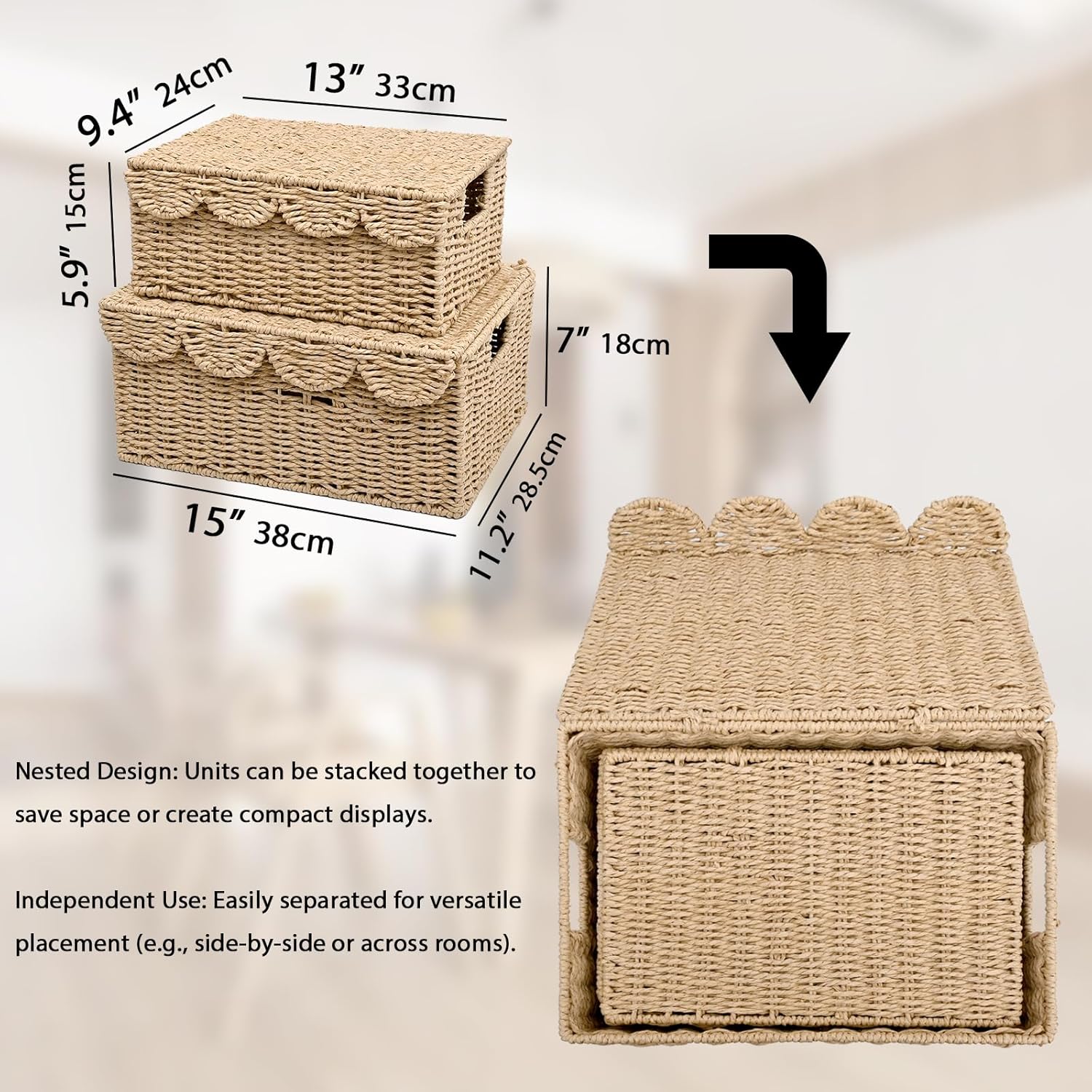 Wicker Basket with Lid, Large and Small Wicker Baskets for Storage, 2 Pcs Woven Basket Organizer Bin with Handle for Pantry, Laundry Room, Kitchen, Bathroom, Shelves, Toy, Book
