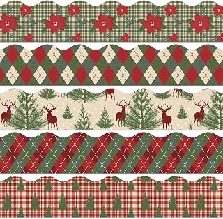 Whaline 51.6Ft Christmas Bulletin Board Borders Red Green Poinsettia Reindeer Tree Plaid Adhesive Trim Border for Classroom Office Xmas Party Decor