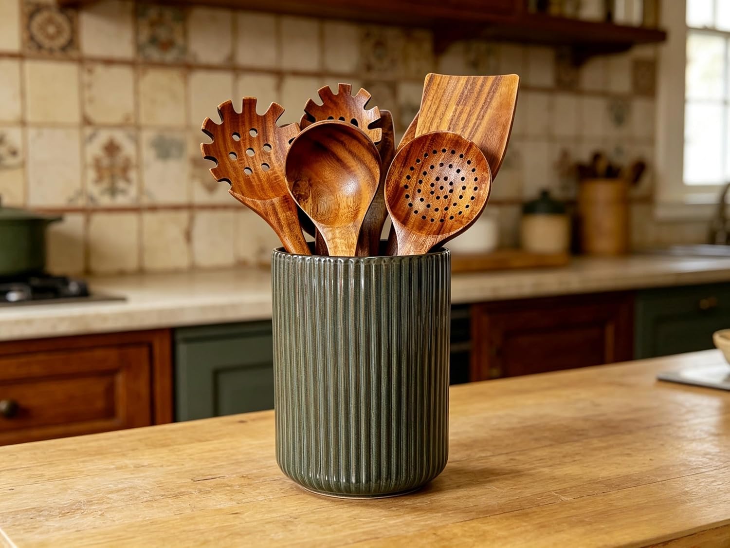 Large Stoneware Kitchen Utensil Holder for Kitchen Counter & Countertop Cooking Utensil Holder Spatula Holder Utensil Crock for Kitchen Counter Vertical Ribbed Fluted Stripe (Retro Bronze)