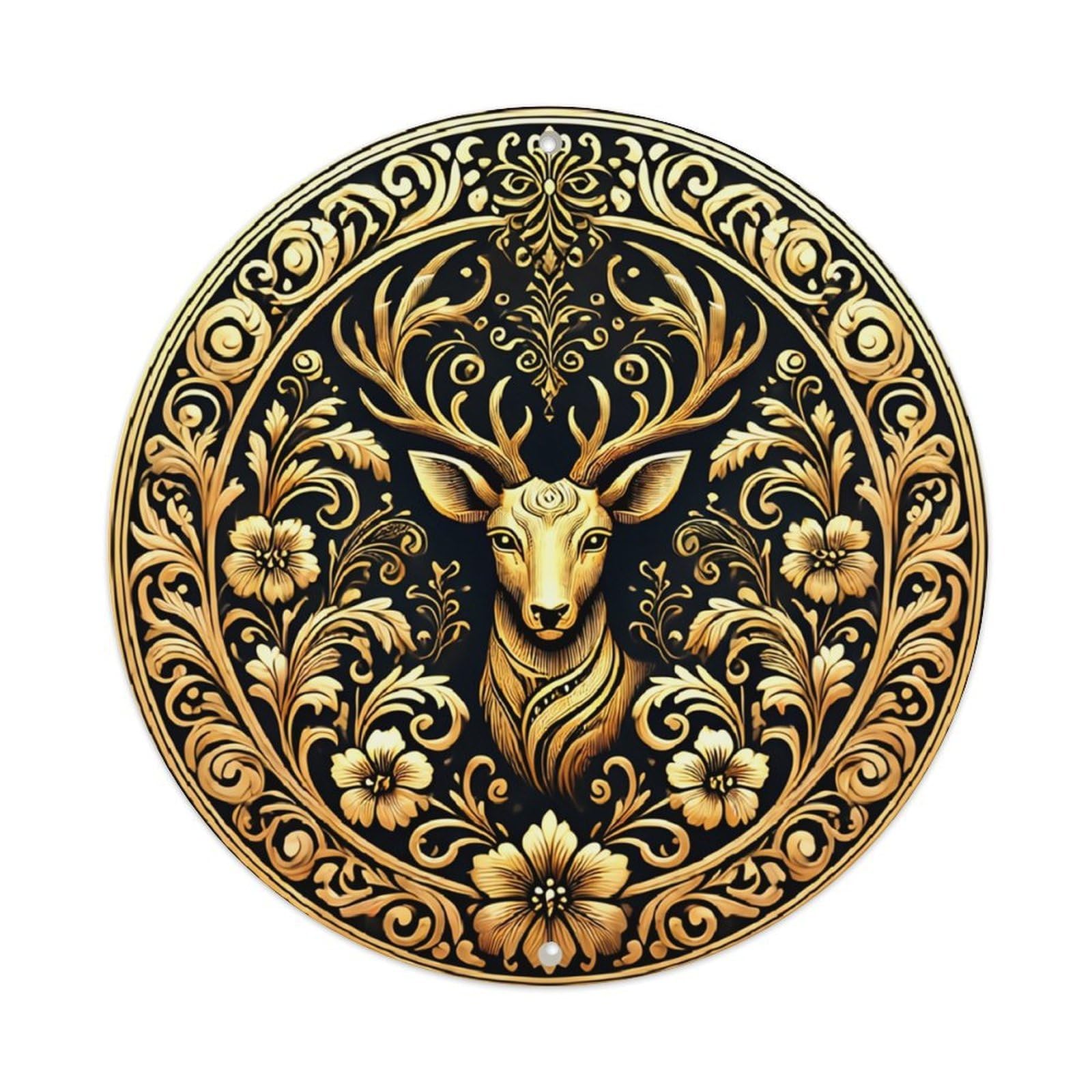 Golden Deer Floral Ornament Pattern Vintage Round Tin Sign Retro Metal Wall Decor Metal Poster, Home Bar Garage Cafe Wall Art Decoration 8x8Inches
