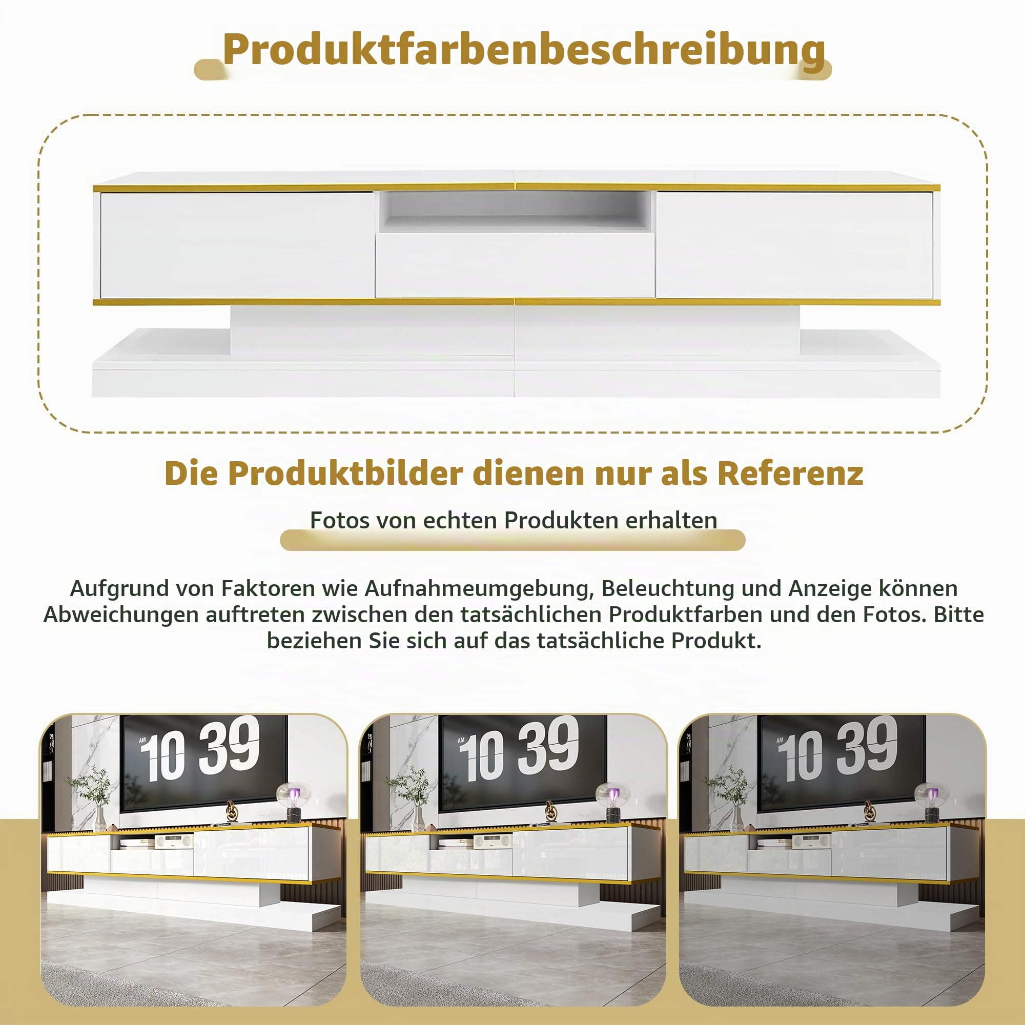 TV Schrank Länge 180 cm für Fernseher bis zu 75 Zoll, Lowboard mit Farbwechselnden LED Leuchten und 3 Schubladen, Fernsehschrank mit 1 Offenen Fach, Wohnzimmer Möbel TV Board, Weiß