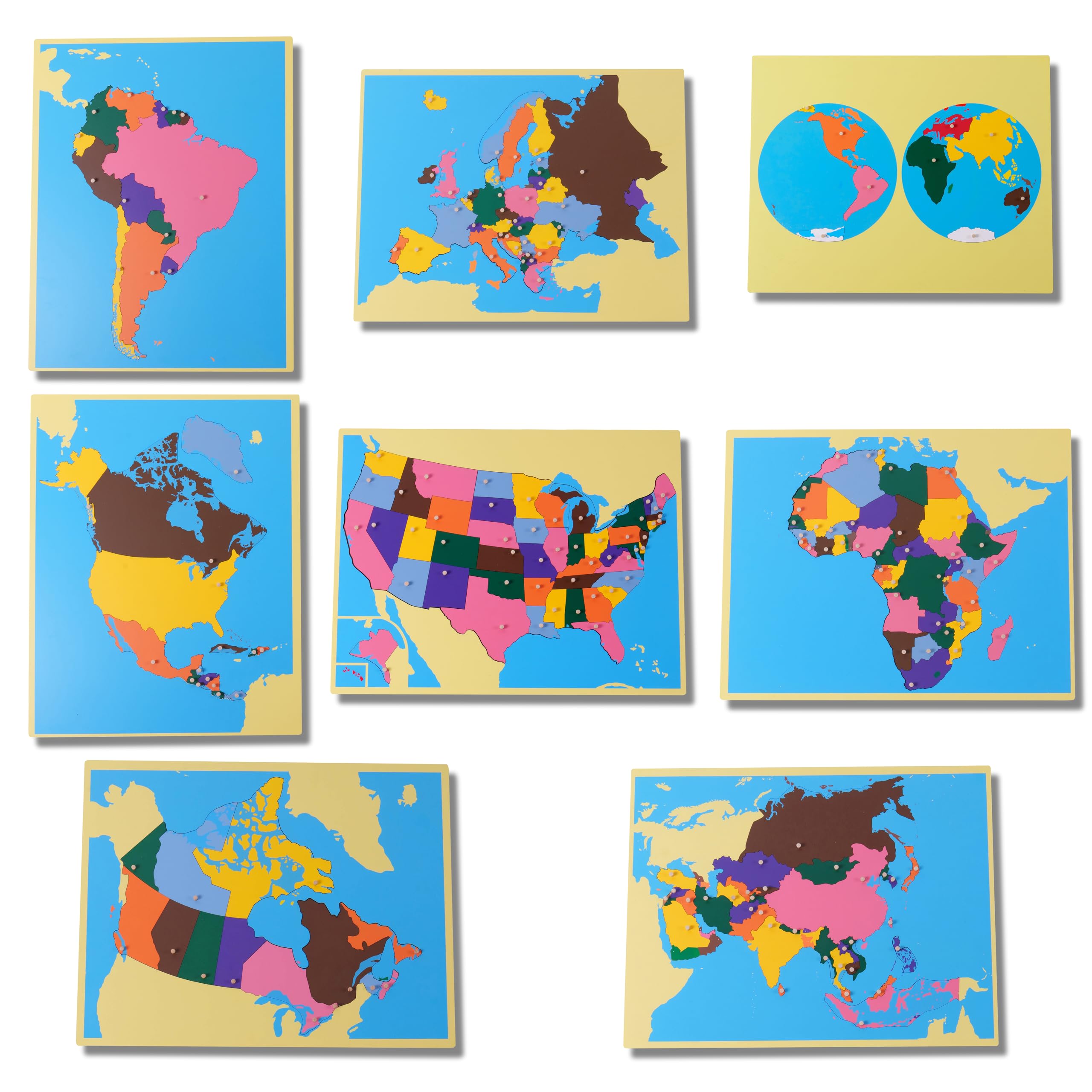 Juego de rompecabezas de madera Montessori de 23 pulgadas, 8 rompecabezas grandes de geografía: mundo, Estados Unidos, Canadá, Europa, Asia, África, América del Norte y del Sur con tarjetas de control