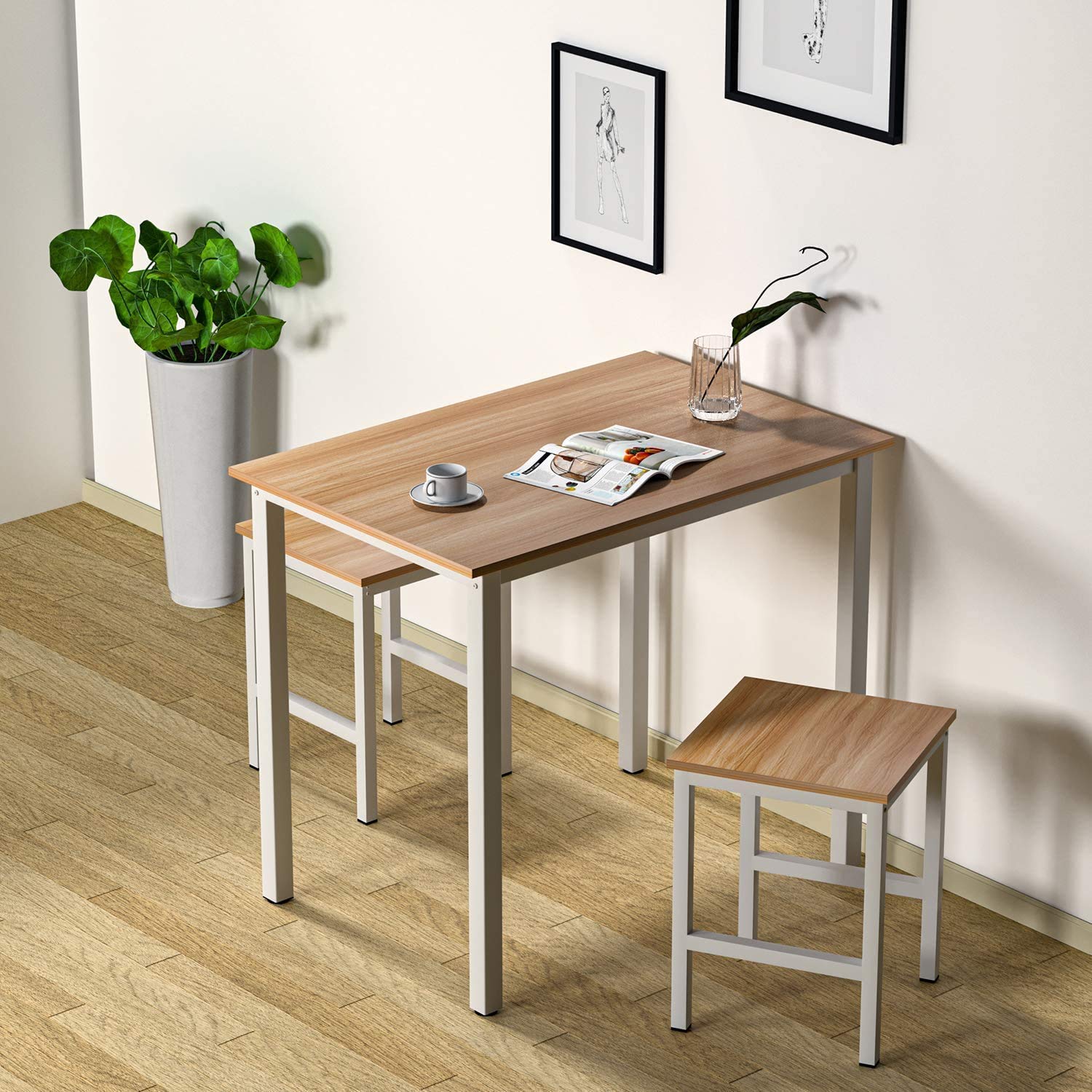 DKLGG 3 Pieces Modren Dining Set, Kitchen Table and Chairs for 2, Perfect for Breakfast Nook, Living Room, Small Space(White), Beige