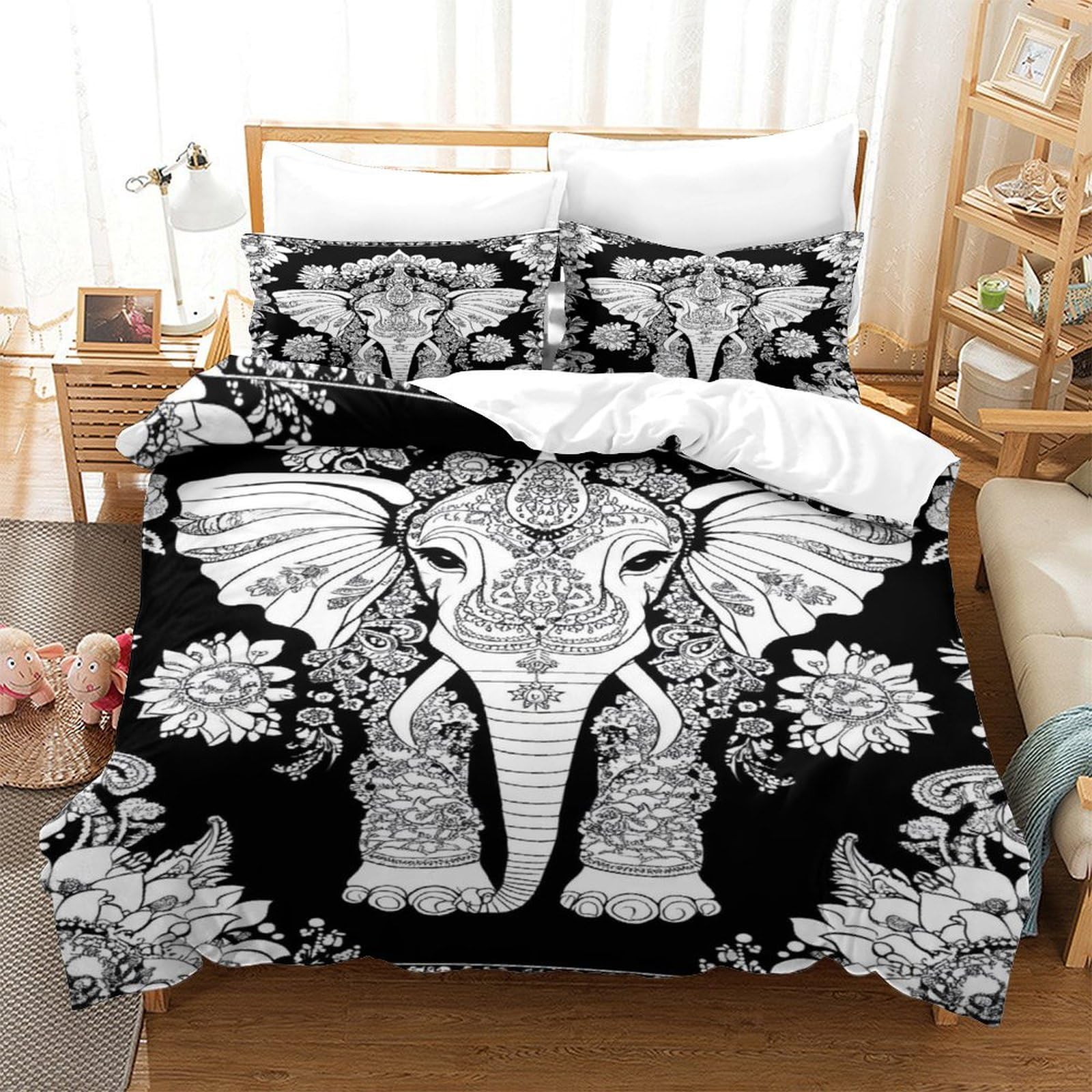 XiaopangXY Mandala Elephant Lovingly Bed Linen Set Hidden Zipper Indian Style Duvet Cover Set with Pillowcases Quilt Cover Set Soft Microfiber Comforter Cover Kids & Adults Double（200x200cm）