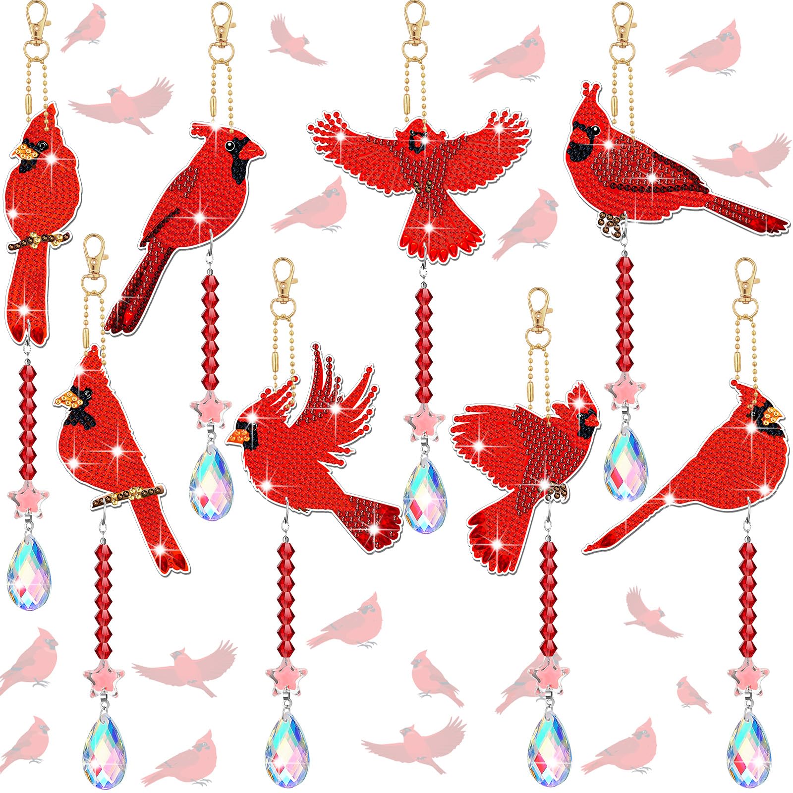 8 Pieces Christmas Redbird Cardinal Diamond Painting Kits Double Sided Diamond Painting Wind Chimes Hanging Diamond Painting Accessories for Kids DIY Crafts Christmas Home Windows Decoration