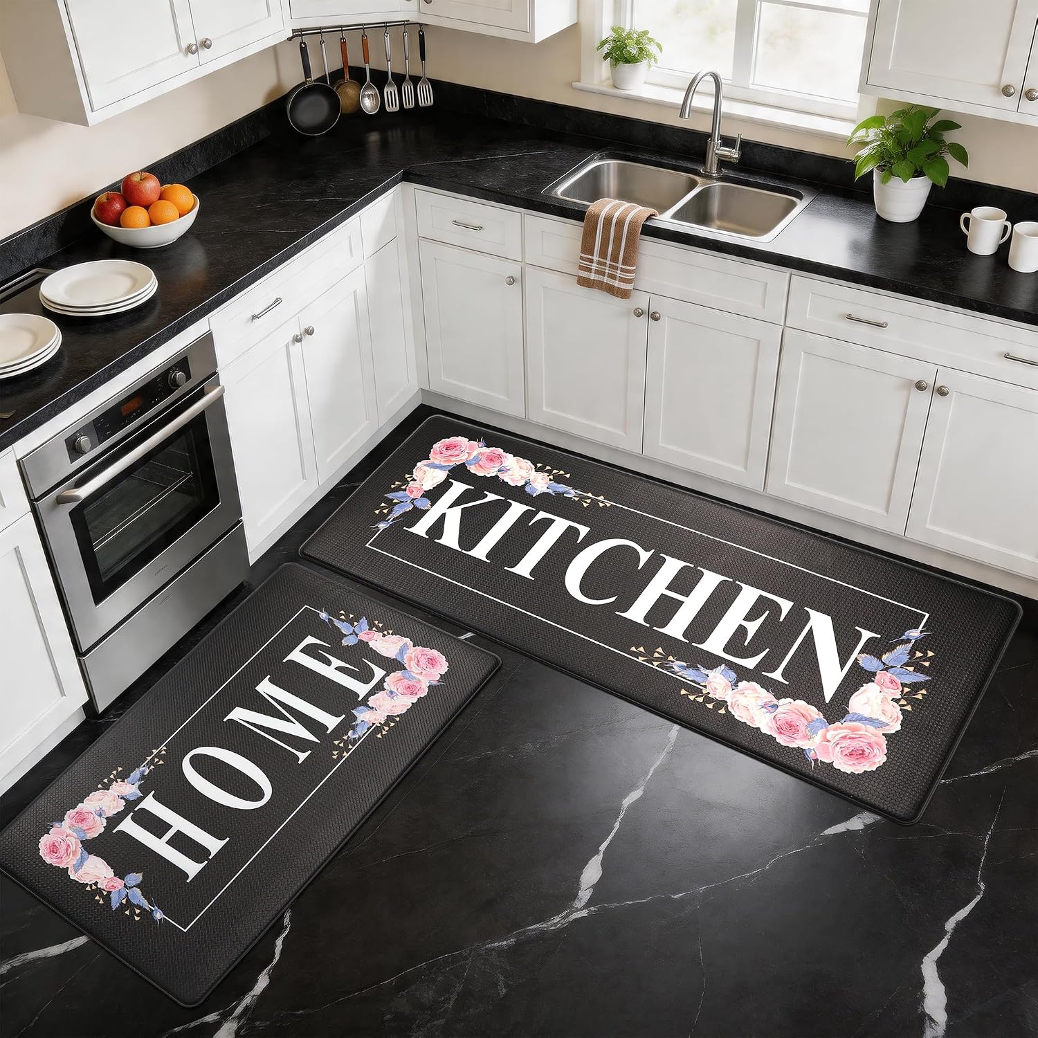 Black Floral Kitchen Mat Sets 2PCS Non Skid Waterproof Spring Summer Kitchen Mats for Floor 2 piece Spring Home Decor for Laundry, Office, Stove, 17.3"x30"+17.3"x47"