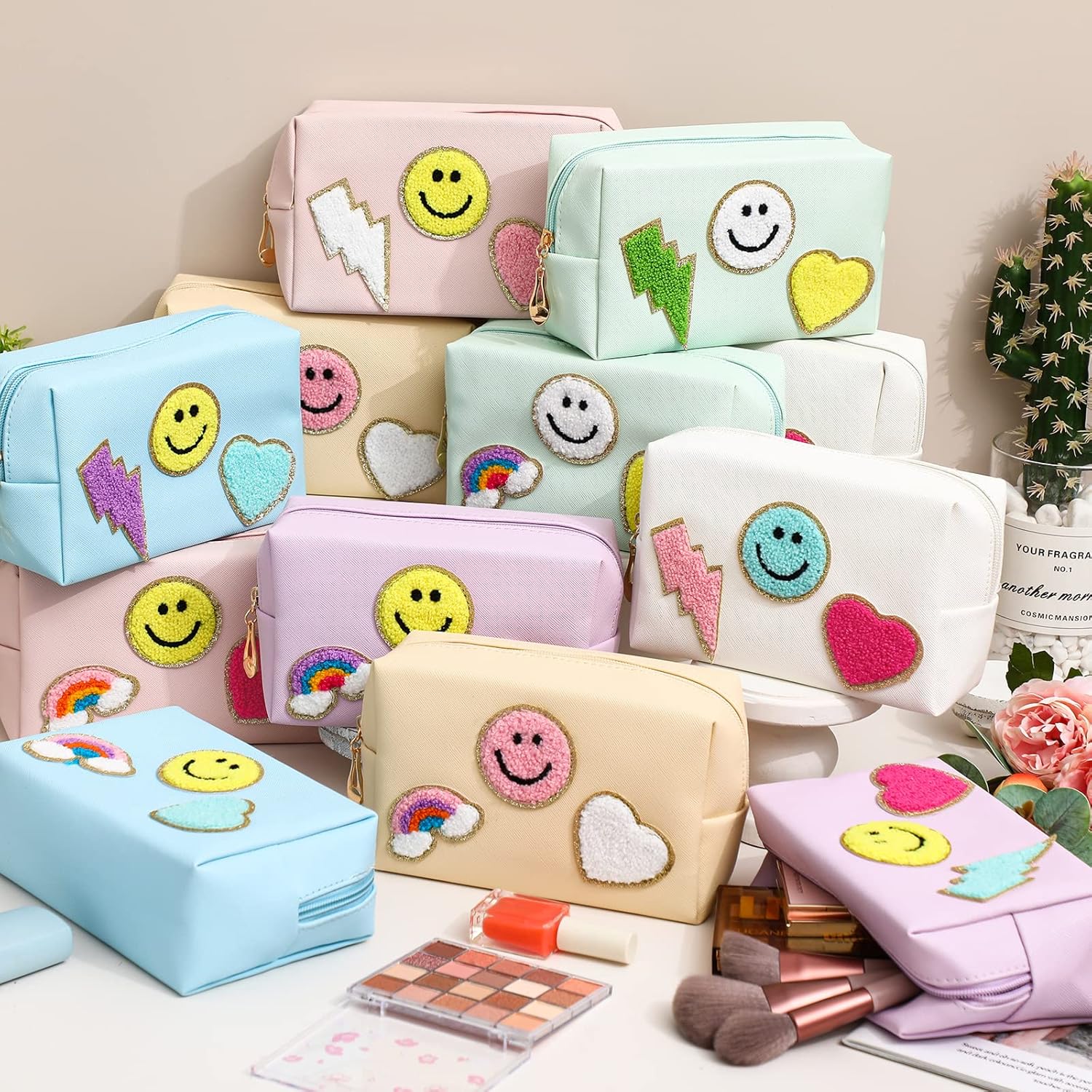 Sanwuta 12 Pcs Preppy Patch Makeup Bag Chenille Letters Cosmetic Bag PU Leather Preppy Organizer Small Smile Heart Toiletry Pouch Portable Waterproof Storage Purse Pouch for Women Adults