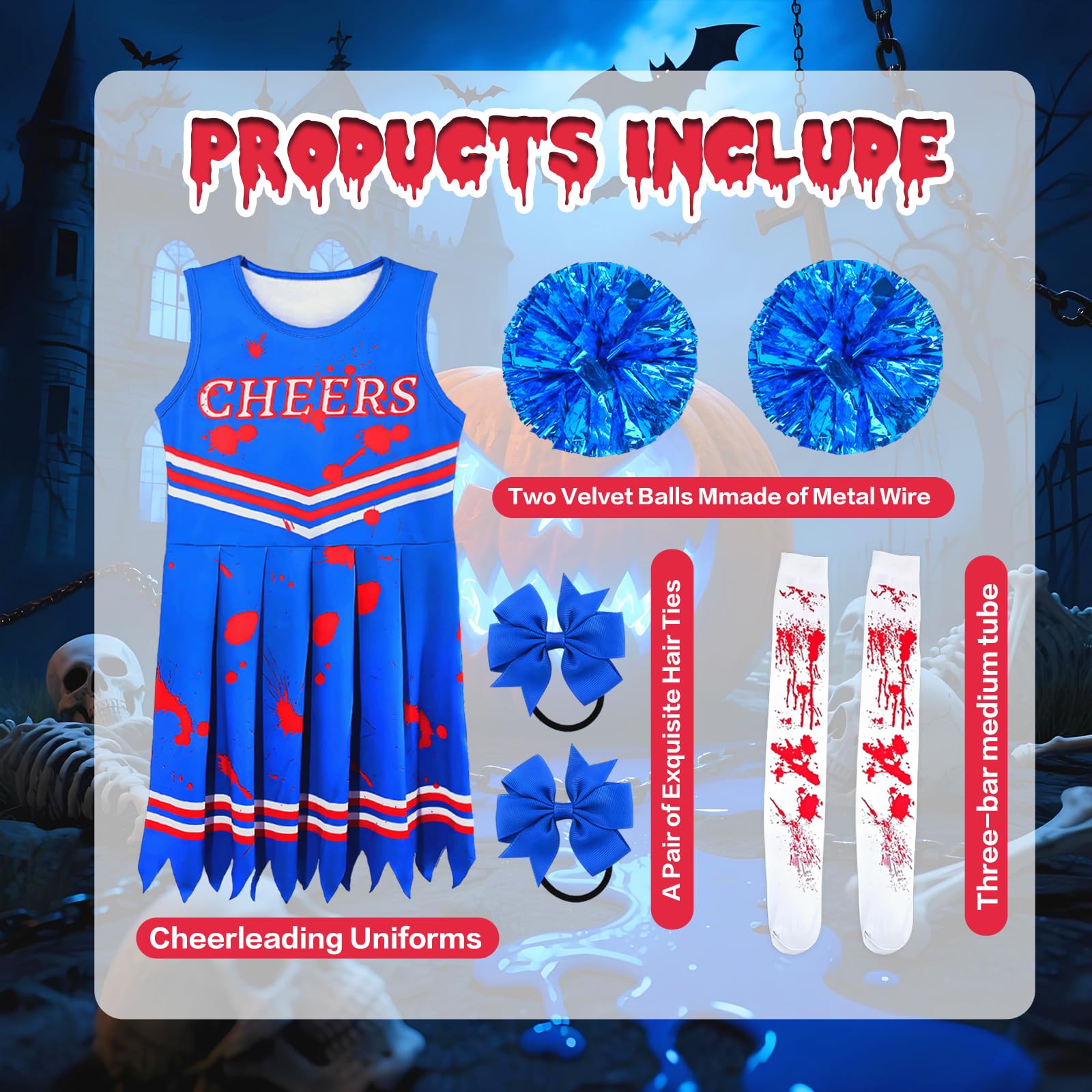Mprocen Kids' Bloody Cheerleader Costume Halloween Outfit, Creepy Blue Cheer Dress with Accessories - Image 2