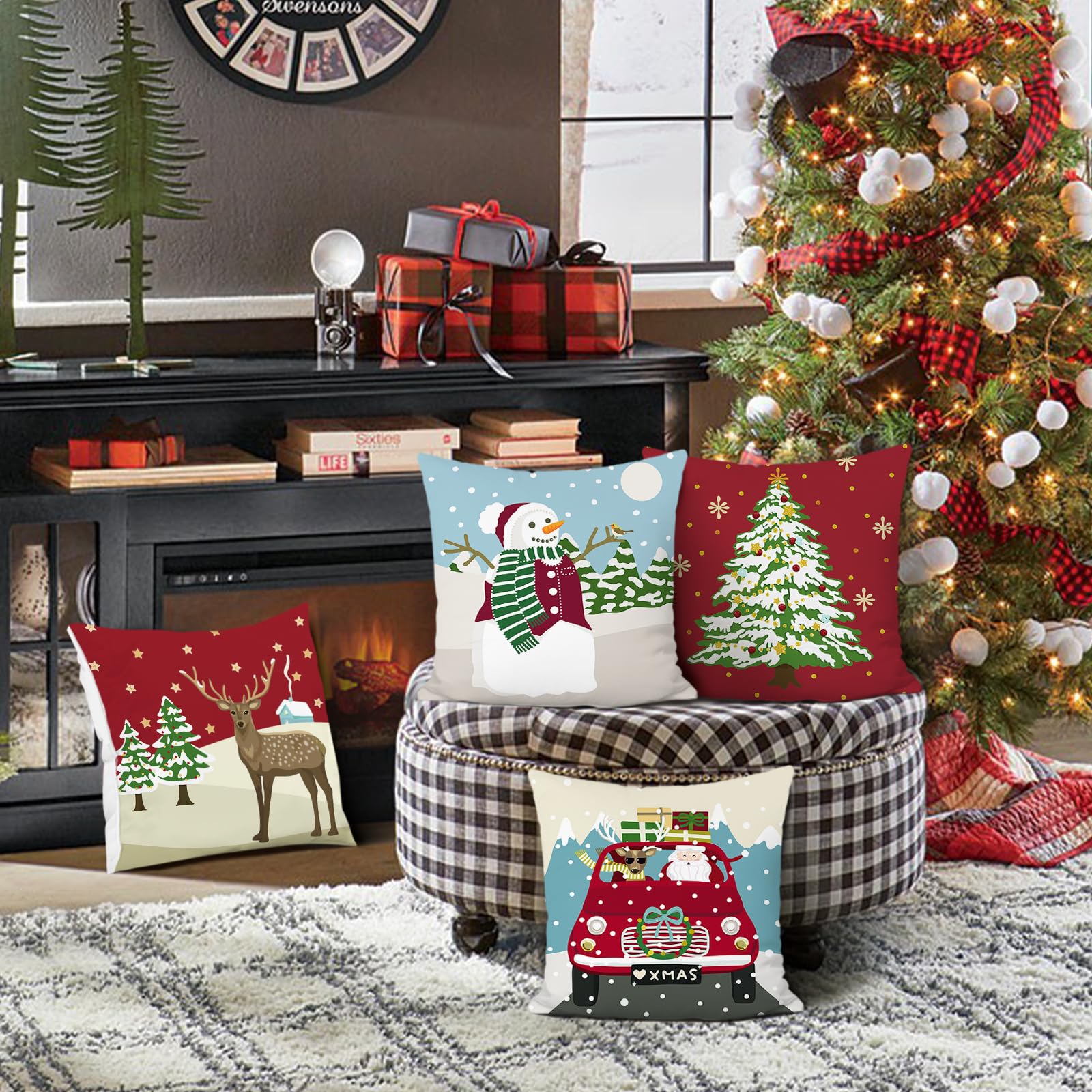 Bonhause Christmas Cushion Covers 45 x 45 cm Reindeer Christmas Tree Snowman Truck Decorative Throw Pillow Covers for Sofa Bed Winter Xmas Decor Set of 4 - Image 3