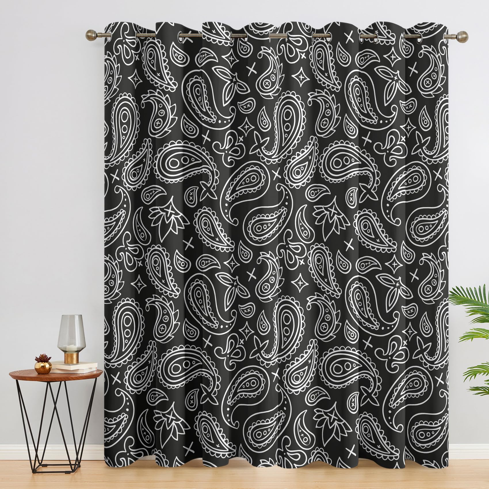 MOBEITI Paisley Curtains 96 Inches Long - Paisley Blackout Curtains, Black and White Window Curtains, Boho Bohemian Home Decor Curtains, Drapes 108