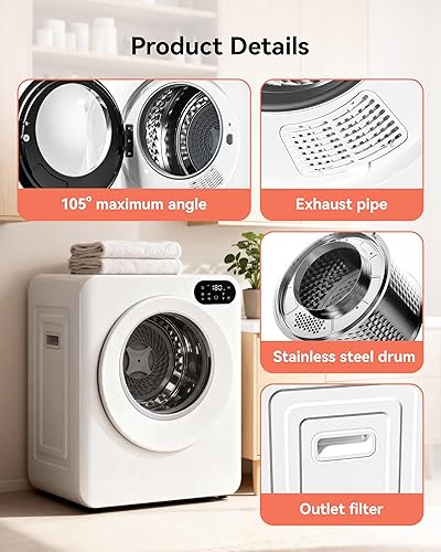Miniatura 6 de Euhomy Secadora de ropa portátil de 1.5 pies cúbicos, secadora de ropa de 850 W con tambor de acero inoxidable, 4 funciones, control LED, secadora