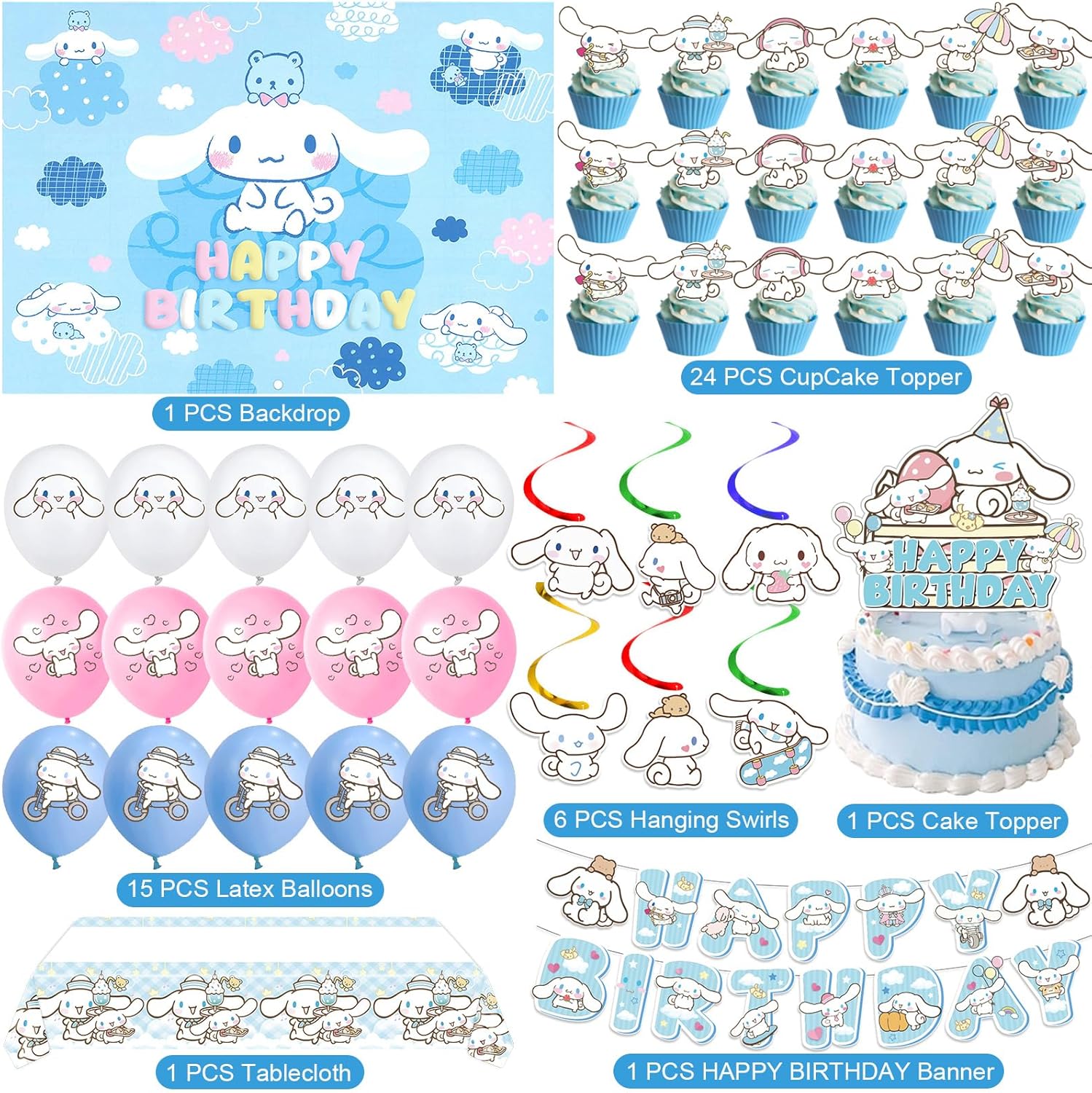 AVONO Cinnamoroll Birthday Decorations, Party Supplies Set Include Banner, Backdrop, Balloons, Hanging Swirls, Cake Cupcake Toppers, Tablecloth for Kids Cinnamoroll Theme Party
