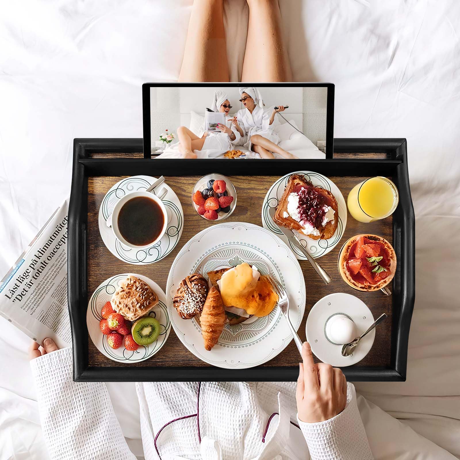Bandeja de cama, bandeja de desayuno, bandeja de servir, bandeja de bambú, patas con asas y soportes para teléfono