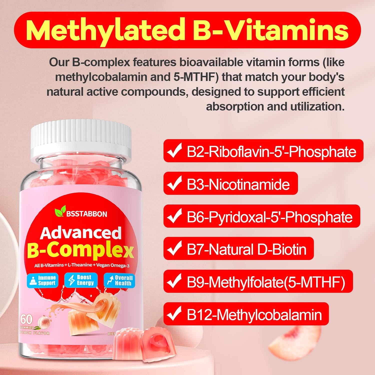 Organic Methylated Vitamin B Gummies: Natural Complex Supplement with B1 B2 B3 B5 B6 B7 B9 B12 Plus D3 Zinc Magnesium Ashwagandha Omega3 - Energy Support for Work Adults Women Men(120Count) - Image 3