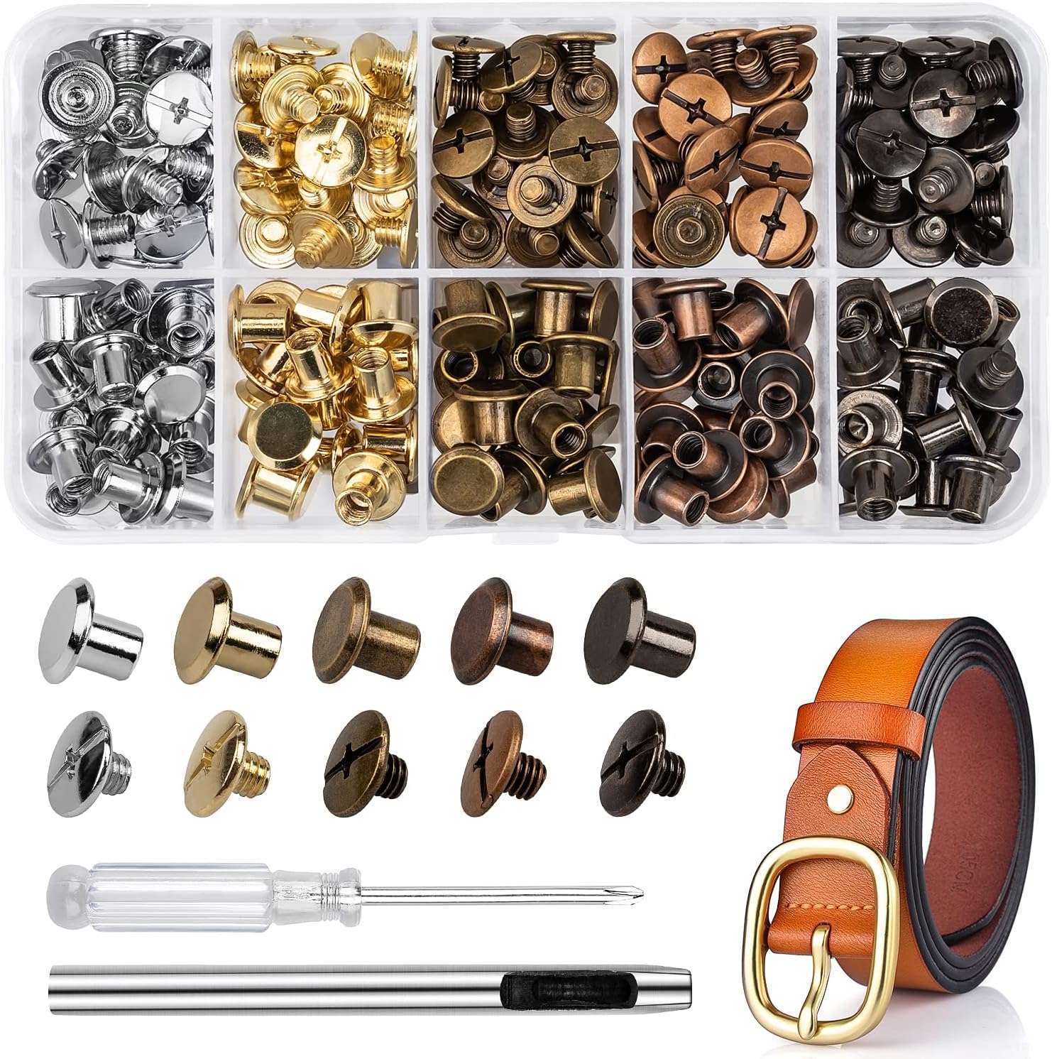 100 Sets Chicago Screws for Leather Crafting 7/20 Inch, 5 Colors of Rivets for Leather, Chicago Screws for DIY Leathercraft (Silver, Light Gold, Bronze, Antique Copper, GunMetel)