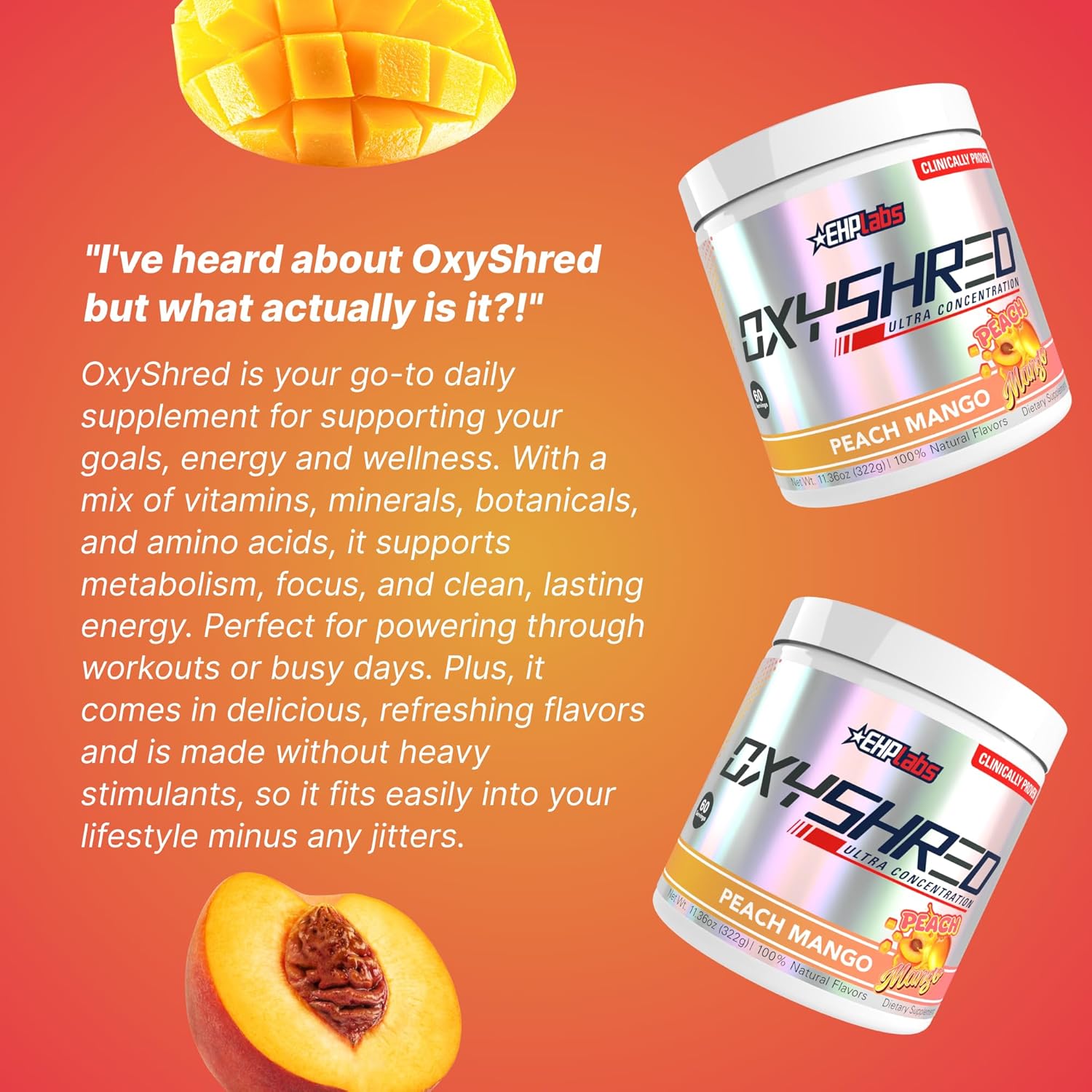 EHP Labs OxyShred Pre Workout Powder - Preworkout Powder with L Glutamine & Acetyl L Carnitine, Energy Boost Drink - Peach Mango, 60 Servings - Image 5
