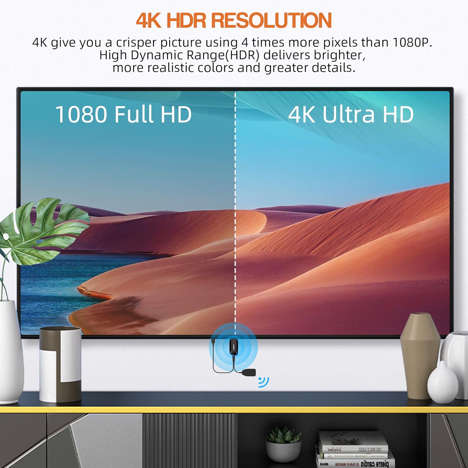 Comparison image showing a 1080p Full HD screen next to a 4K Ultra HD screen, highlighting the resolution difference.