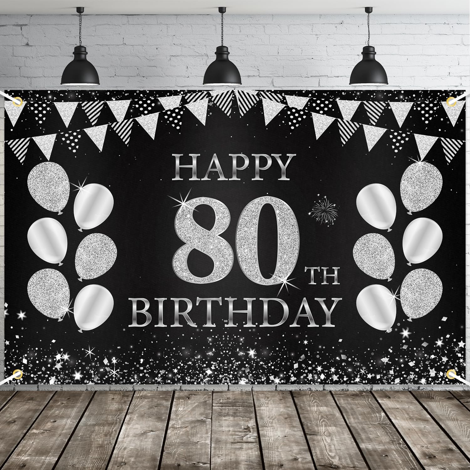 JOYKY Happy 80th Birthday Banner, Black Silver 80th Birthday Party Decorations for Men Women Her Him, 80 Year Old Birthday Supplies Backdrop Décor,