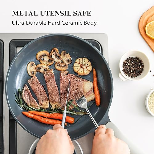 Miniatura 3 de PRICUSIS Sartén antiadherente de cerámica con tapa, 81012 pulgadas, apta para utensilios de metal, libre de ácido perfluorooctanoico (PFOA y PFAS),