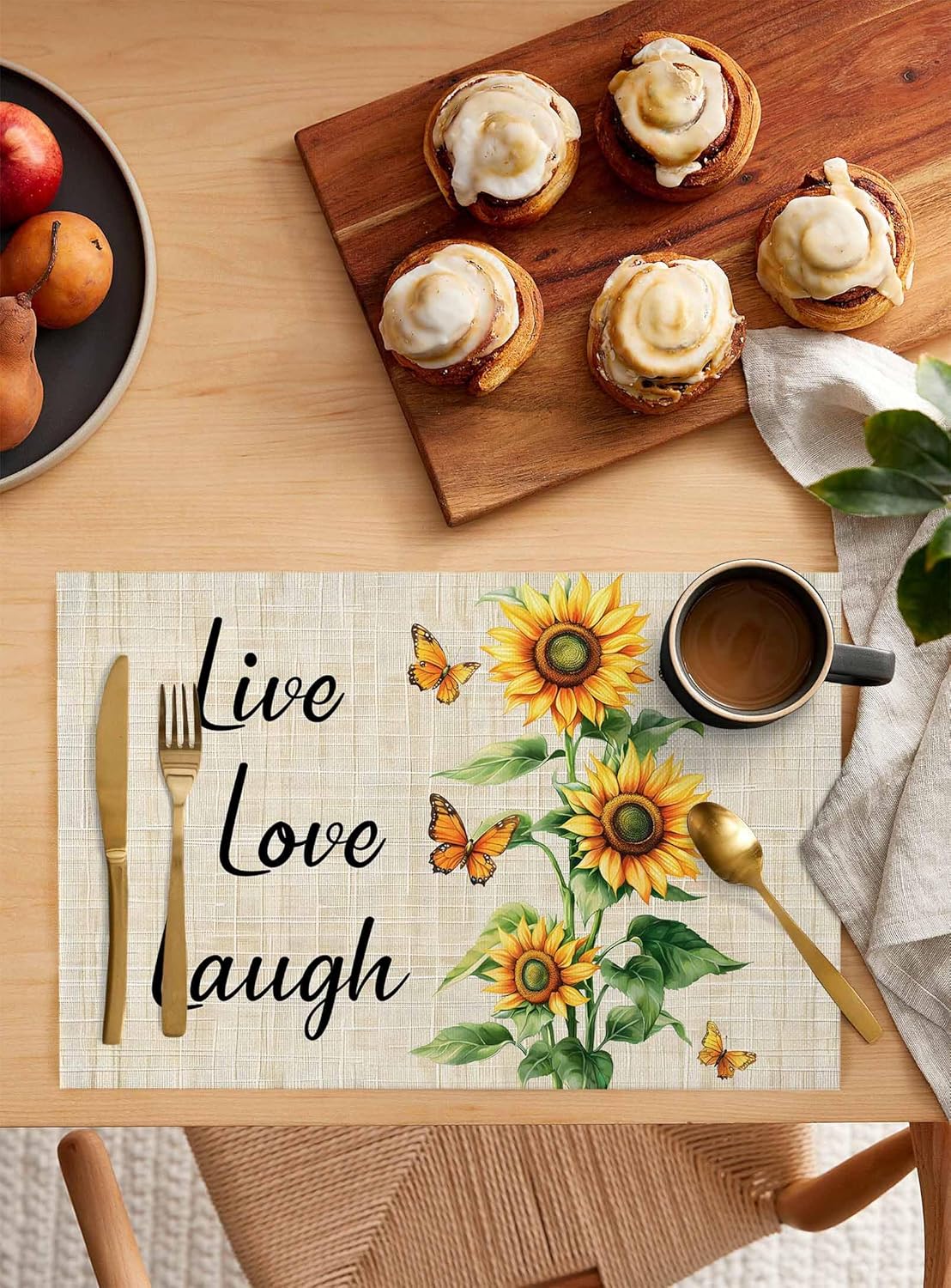 Farmhouse Sunflower Placemats Set of 8 Retro Yellow Floral Butterfly Linen 13x19 Inch Washable Non Slip Linen Table Mats, Rustic Summer Placemats for Dining Table Party Kitchen Decor