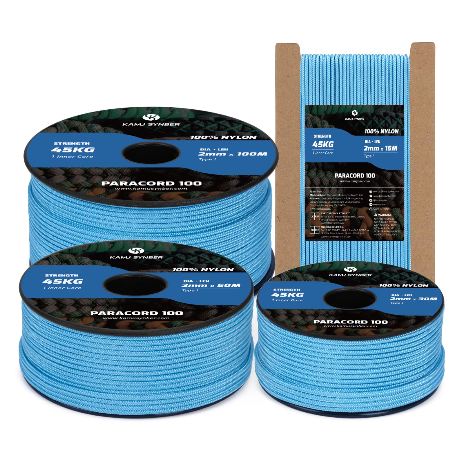 Kamu Synber 2mm Paracord 100M 100% Nylon Rope 1 Strand Type I Parachute Cord for Crafting, Outdoor, DIY, Camping | Support 45kg | Sky Blue