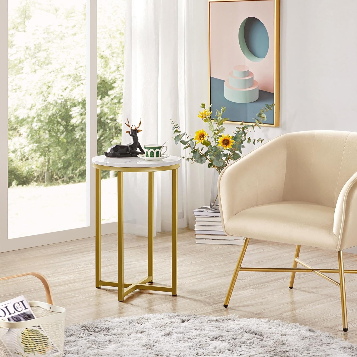 Yaheetech Faux Marble Side Table, 16in Modern Accent Sofa Table, Round Tabletop, Sturdy Metal Legs for Living Room, Mustard Gold