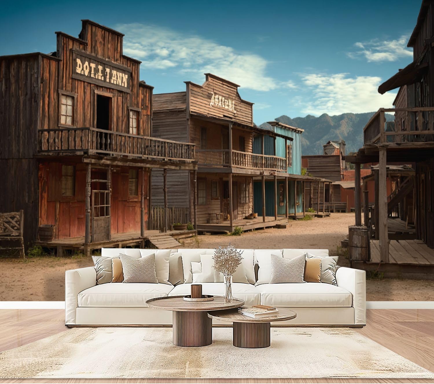 Wall Mural Peel & Stick Empty Dirt Street an Old Western Town Various Wooden Buildings Self-Adhesive Wallpaper Removable Wall Decal Wall Sticker Home Decor for Living Room Bedroom 100"x144"