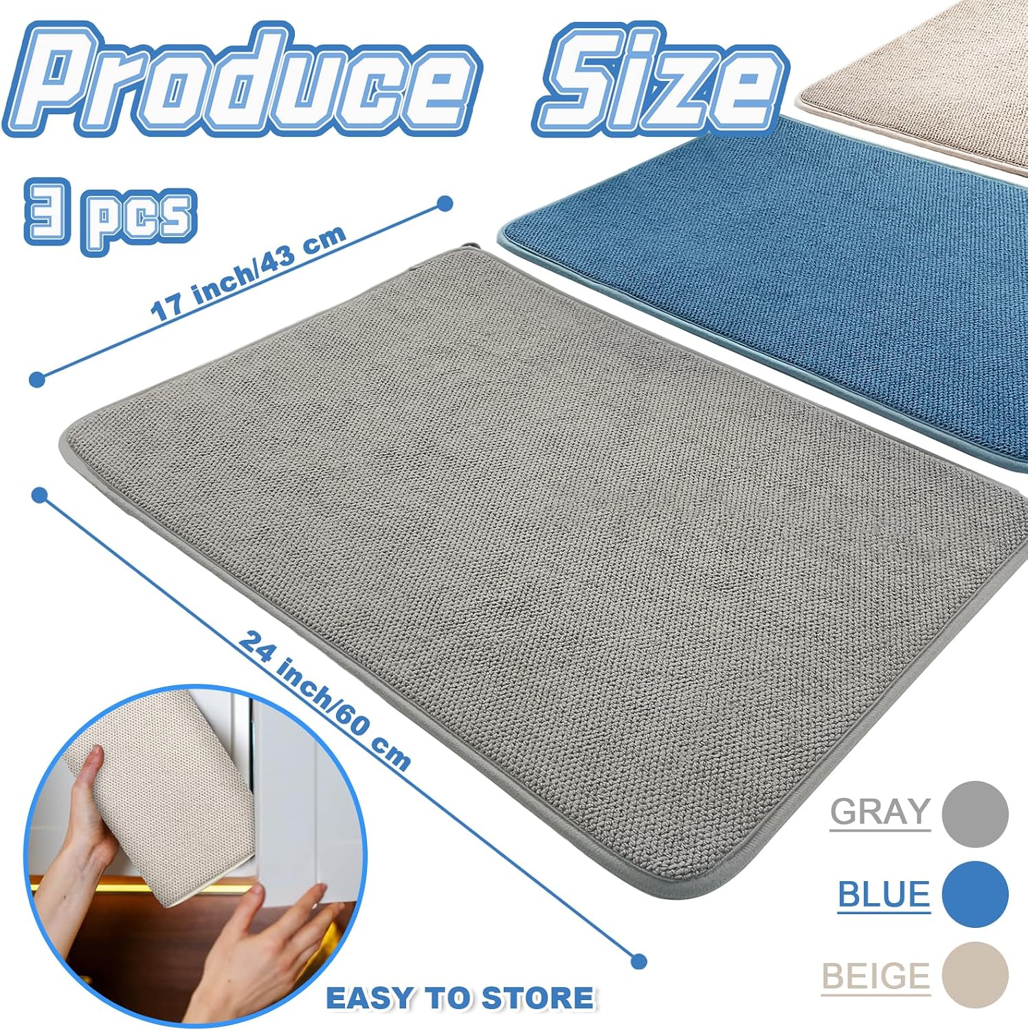 3 Pack XXL Dish Drying Mats,24×17" Absorbent Microfiber Dishes Drainer Mats,Large Size Pads for Kitchen Counter,Coffee,Rack,Under Sink(Beige,Blue,Gray)