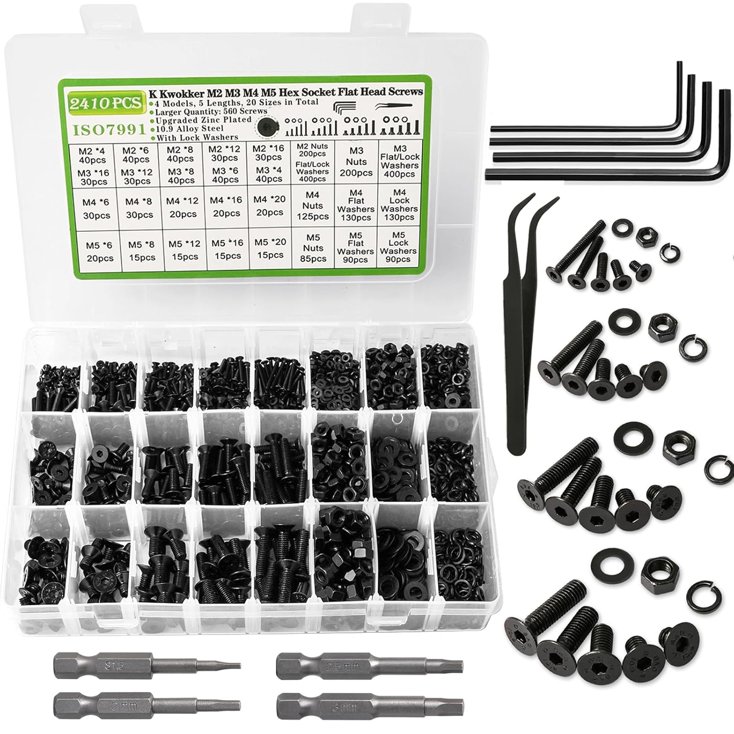 2410Pcs M2 M3 M4 M5 Nuts and Bolts Assortment Kit 4MM to 20MM Upgraded Zinc Plated Hex Flat Head Cap Metric Machine Screws, 10.9 Alloy Steel Bolts and Nuts Kit w/Lock Washers for Screws
