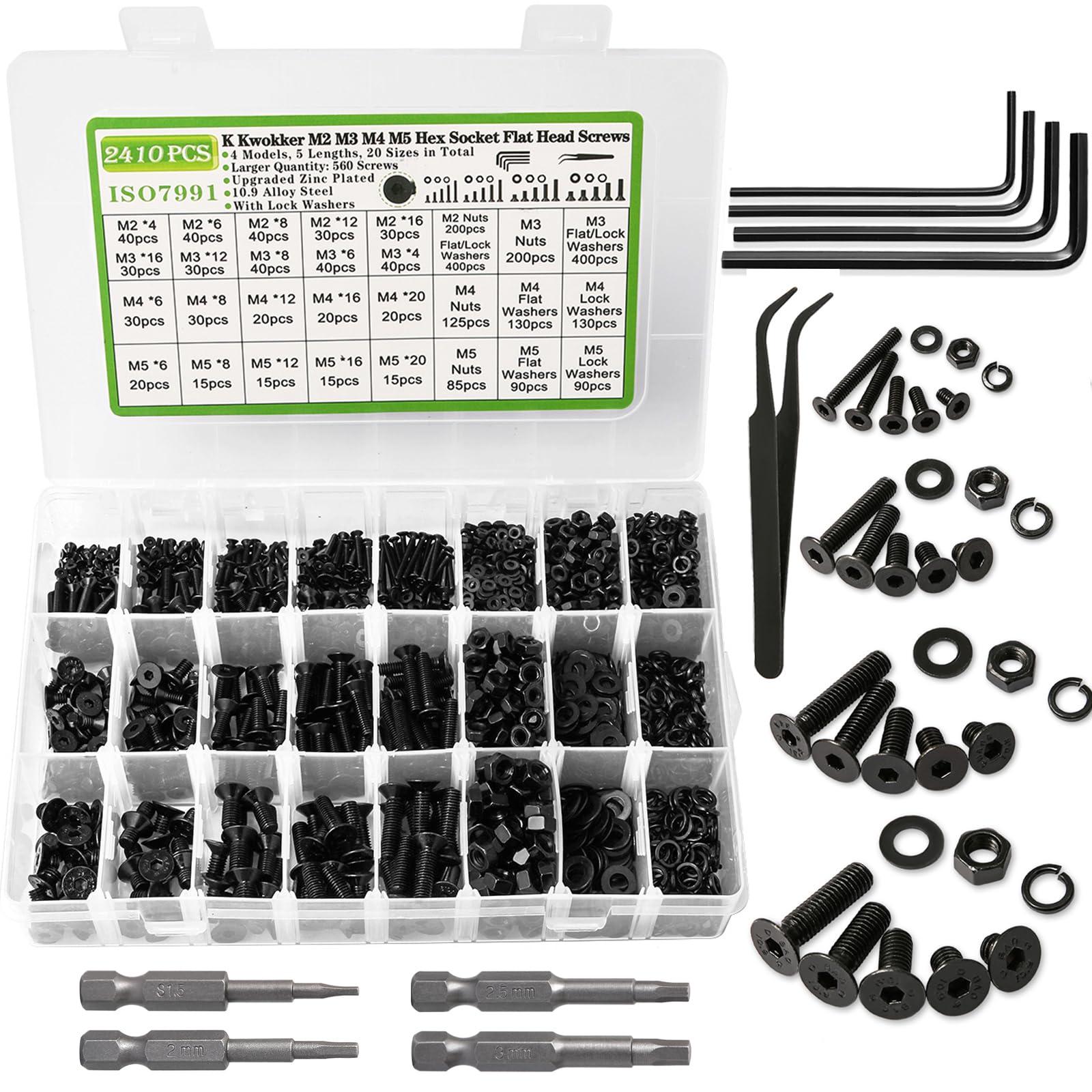 K Kwokker 2410Pcs M2 M3 M4 M5 Nuts and Bolts Assortment Kit 4MM to 20MM Upgraded Zinc Plated Hex Flat Head Cap Metric Machine Screws, 10.9 Alloy Steel