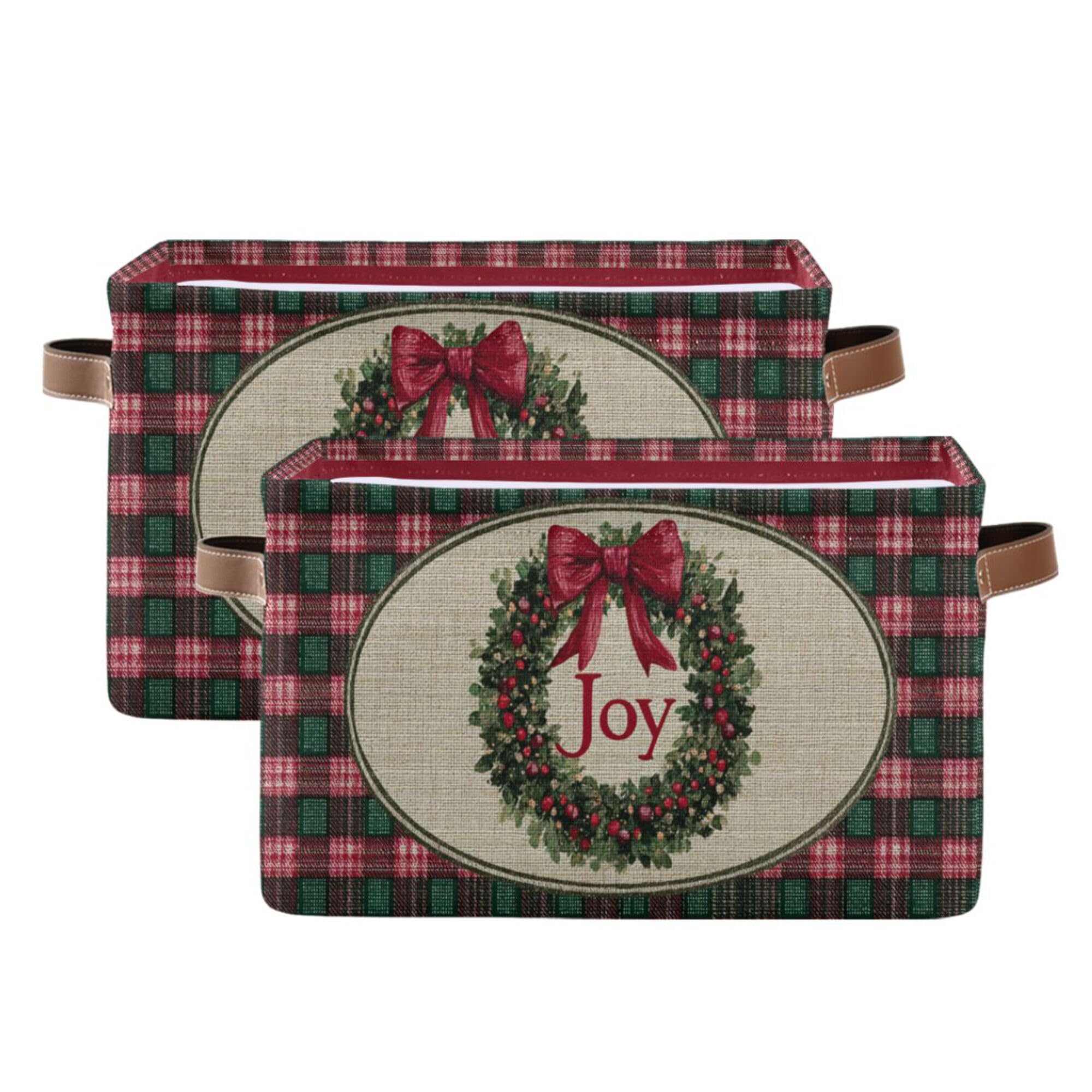 Christmas Joy Wreath Bow Knot Storage Basket with Waterproof Liner and PU Handles Winter Poinsettia Buffalo Plaid Storage Bins Boxes 14.2" Collapsible Decorative Baskets for Bedroom Office 2 Pack