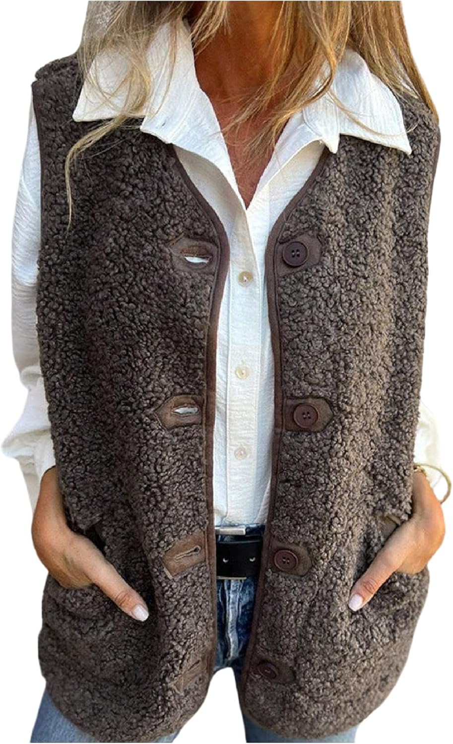 MakeMeChic Women's V Neck Fuzzy Sweater Vests Sleeveless Button Down Fall Retro Vest Outerwear