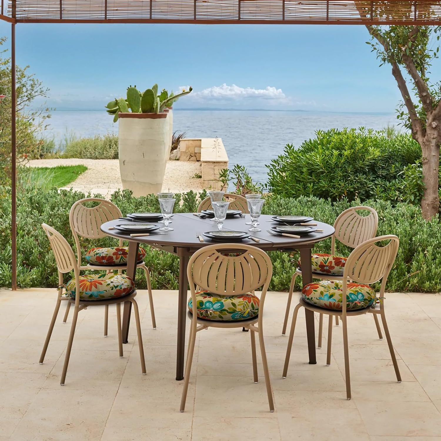 DYTXIII Set of 2 Outdoor Round Chair Cushions 15"x15"x4" with Ties, Water Repellent Tufted Bistro Seat Cushions, Thick Patio Chair Pads for Bar Stool, Garden & Dining Furniture - Flower Multi