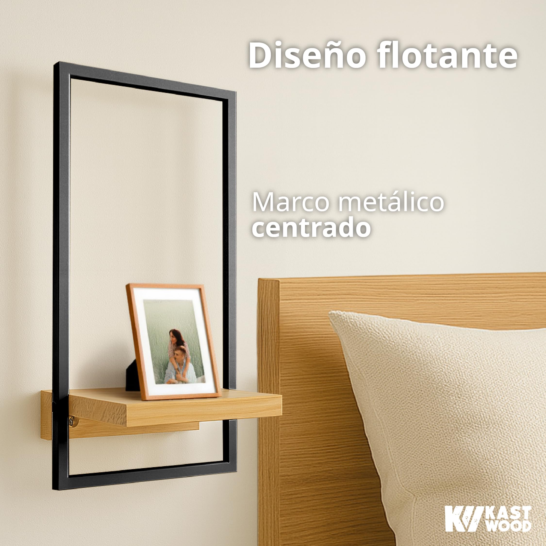 Kastwood Estantería de Pared de Madera – Set 3 Baldas Flotantes Pared y Repisas Decorativas para Salón, Baño y Dormitorio – Estanterías de Pared en Madera Natural con Marco Metálico Decorativo