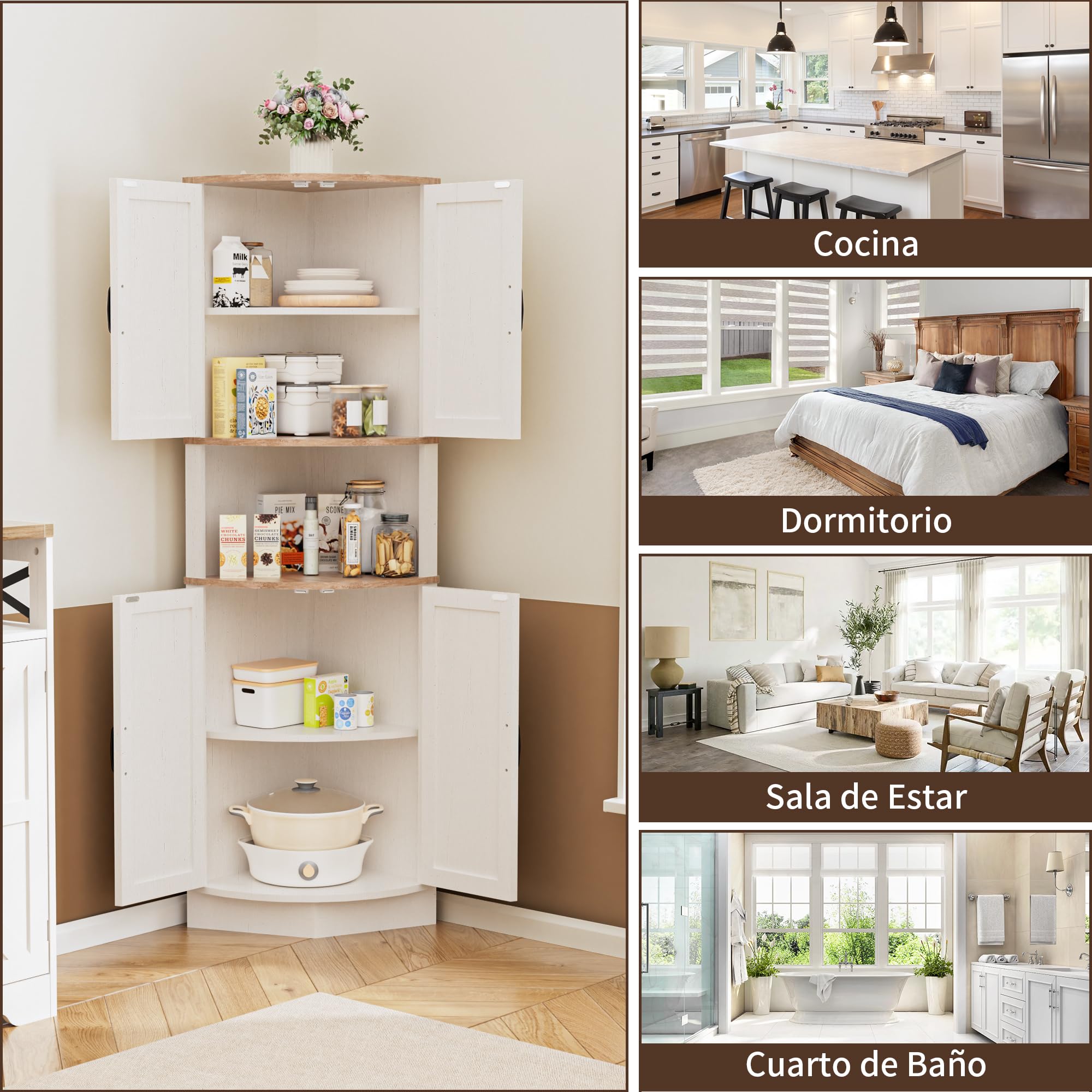 BonVache Armario Esquinero, con Puertas y Estante Ajustable, para Baño, Cocina, Salón, Diseño Rústico Moderno, Blanco