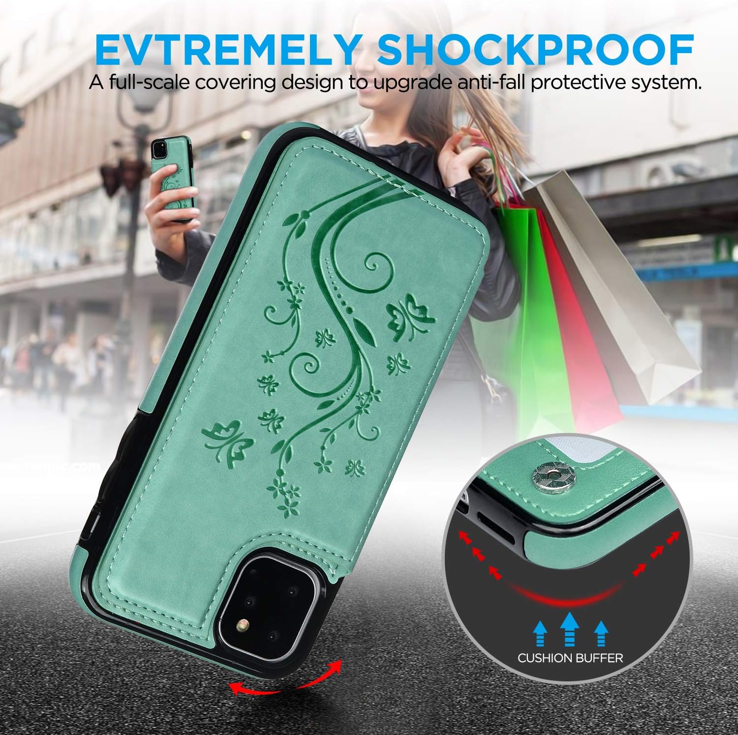 Compatible with iPhone 11 Pro Wallet Case, Case with Card Holder Embossed Butterfly Premium PU Leather Double Magnetic Buttons Flip Shockproof Protective Cover for iPhone 11 Pro 5.8 inch, Green