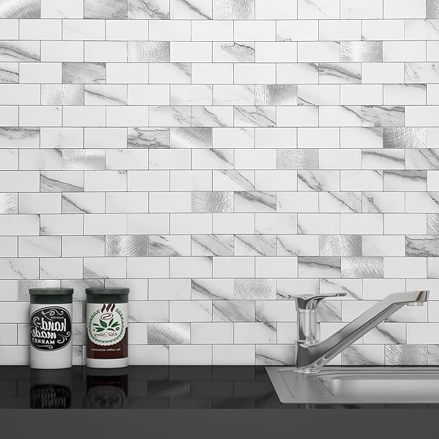 VAOVI 3D Self Adhesive Tiles for Walls,Kitchen Stick on Splashback Tiles Splash Wall Panels for Bathroom Mosaic Brick Waterproof(10Tiles,White)